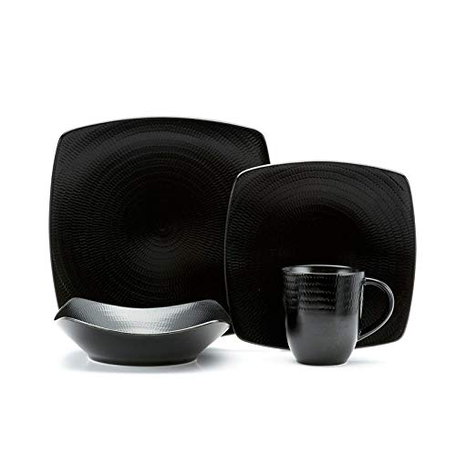 Black Rice 18pc Dinner Set Textured Modern Contemporary Square Stoneware 18 - Citiesdeals