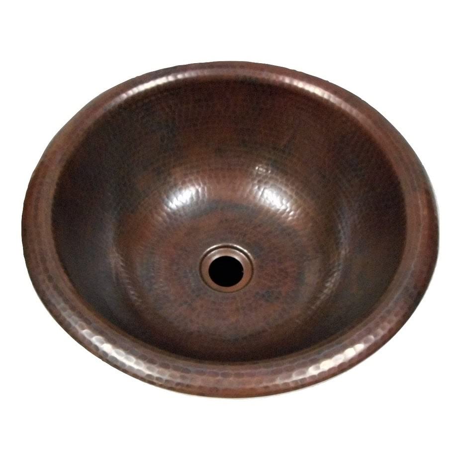 14" Round Copper Bathroom Sink Rustic Hammering In Aged X 5" Brown Antique - Citiesdeals