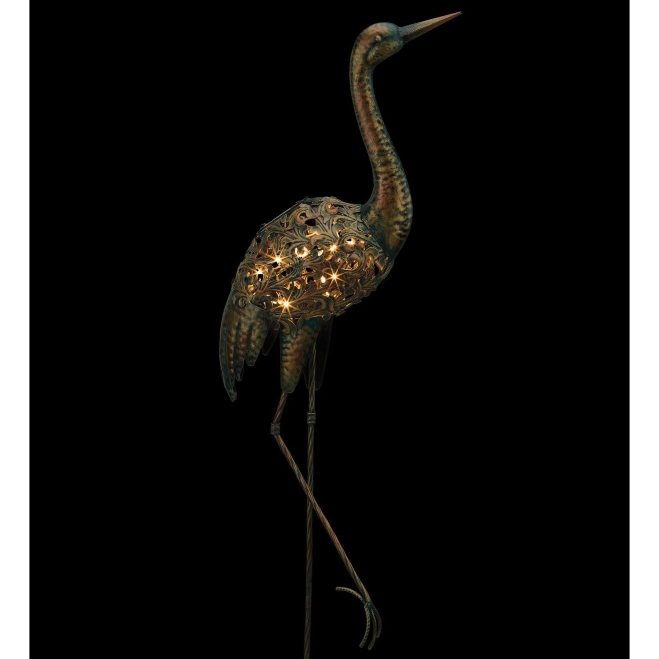 Solar Bird Stake Crane 11.5"x4.5"x44" Natural Metal - Citiesdeals