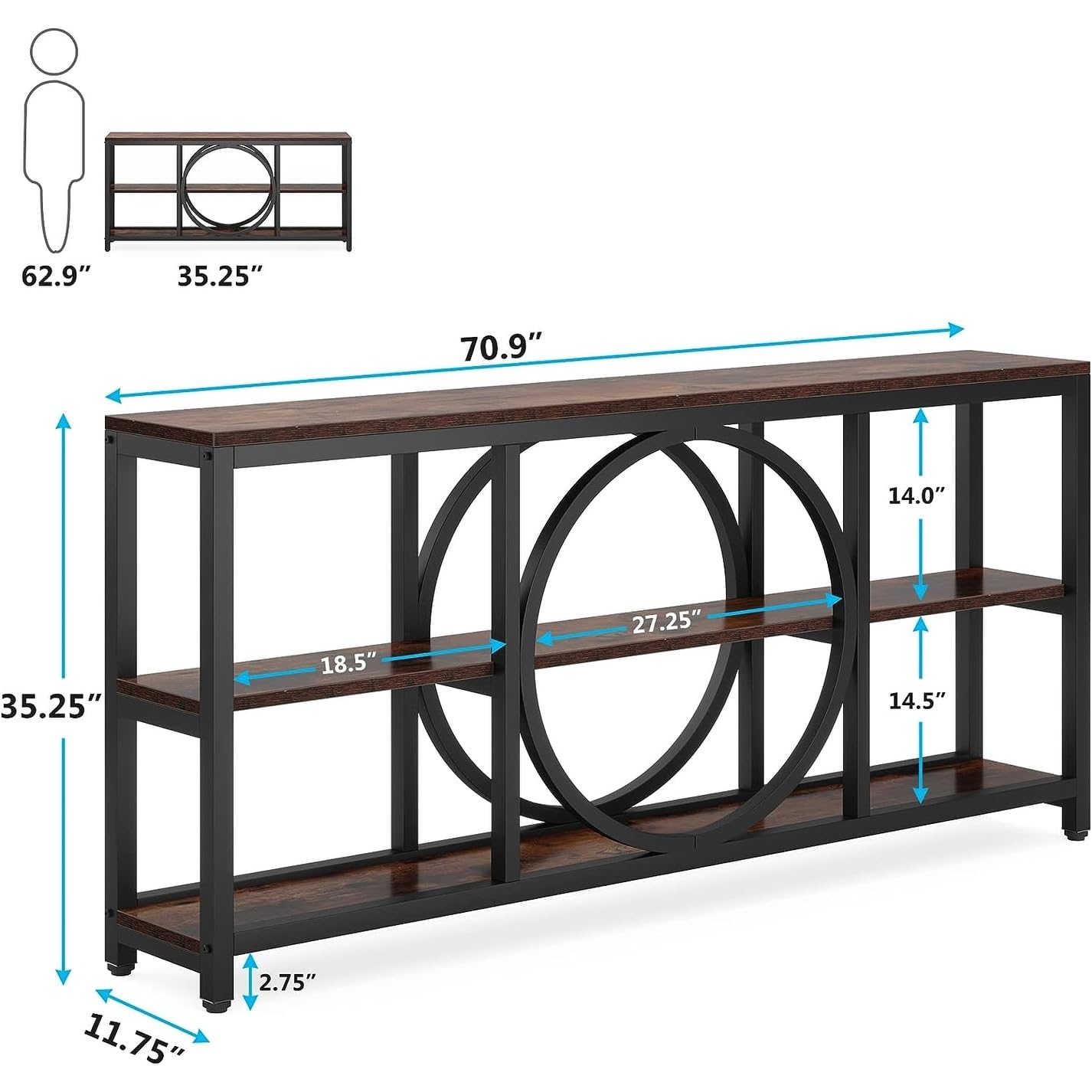 70.9 Inch Extra Long Console Table with 3 Tier Wood Storage Shelves Black Rustic Brown - Citiesdeals