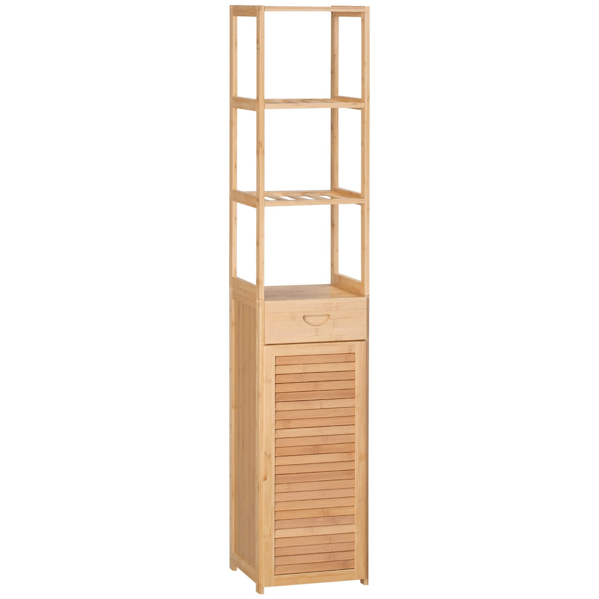 Tall Bathroom Cabinet with Drawer and Slatted Shelves Slim Bamboo Linen Tower - Citiesdeals