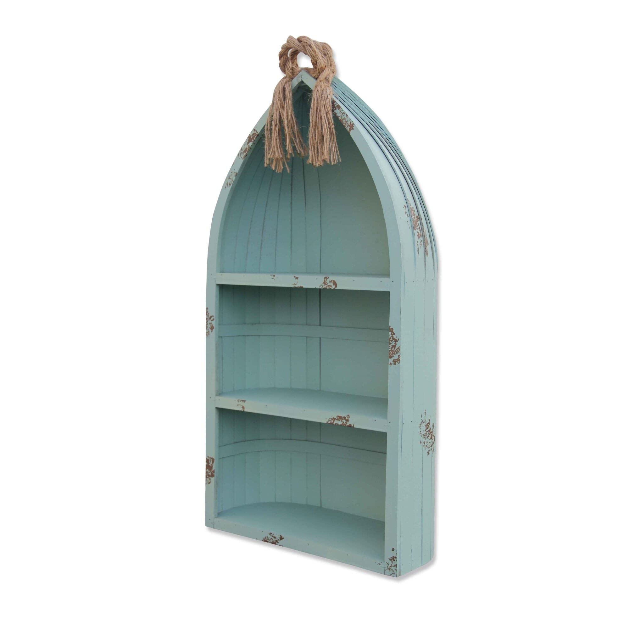 Blue Wood Canoe Designed Shelf with Rope L: 34.25" X W: 16" H: 7" - Citiesdeals