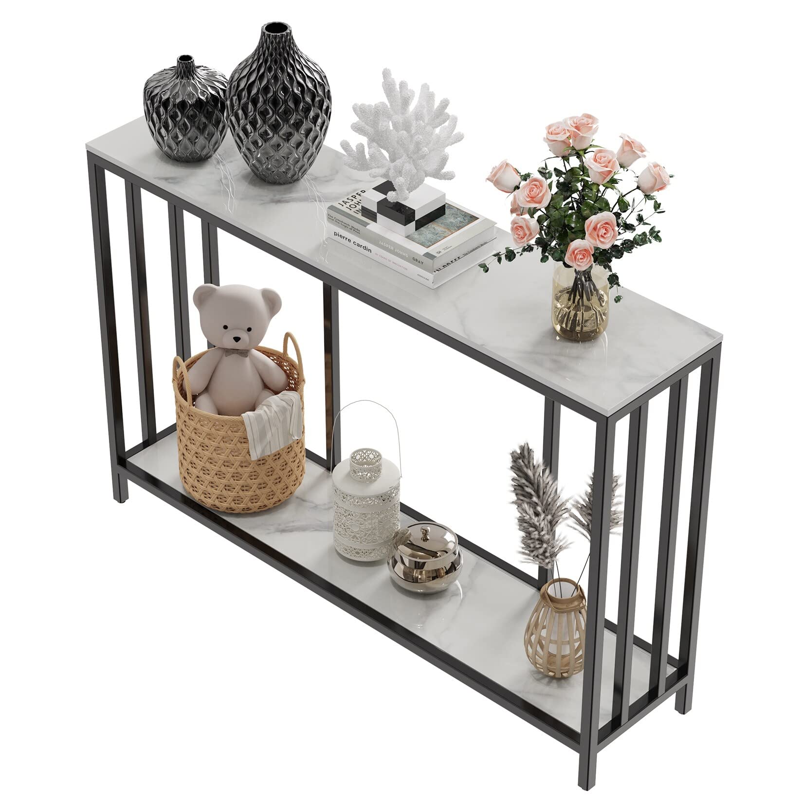 Marble Console Table 2 Tier with Metal Frame Sofa Storage 47.2x11.8x30.7 Inch - Citiesdeals
