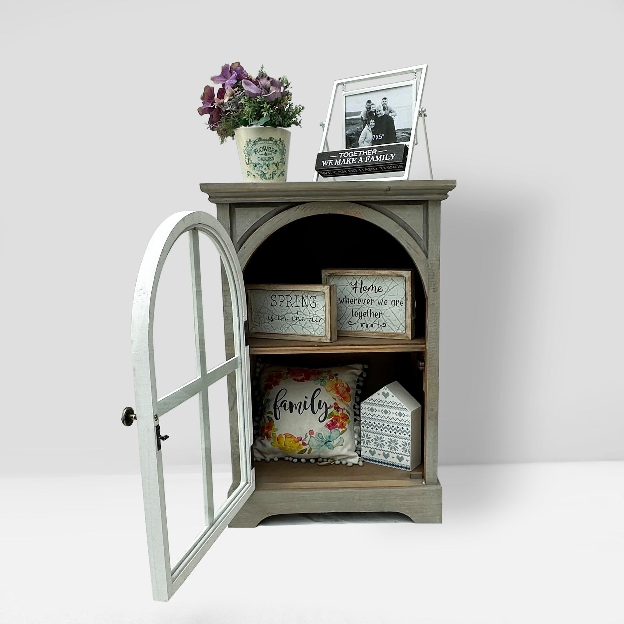 Farmhouse Wood Storage Cabinet with Arched Door and Shelf Grey Rustic Antique - Citiesdeals