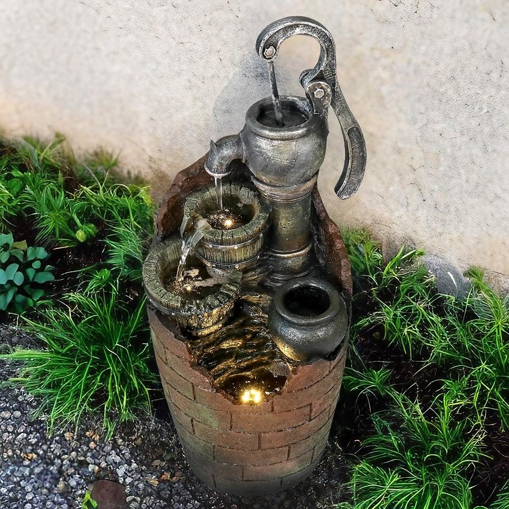 32.6-inch High Water Pump Cascading Fountain with Led Lights Brown Modern - Citiesdeals