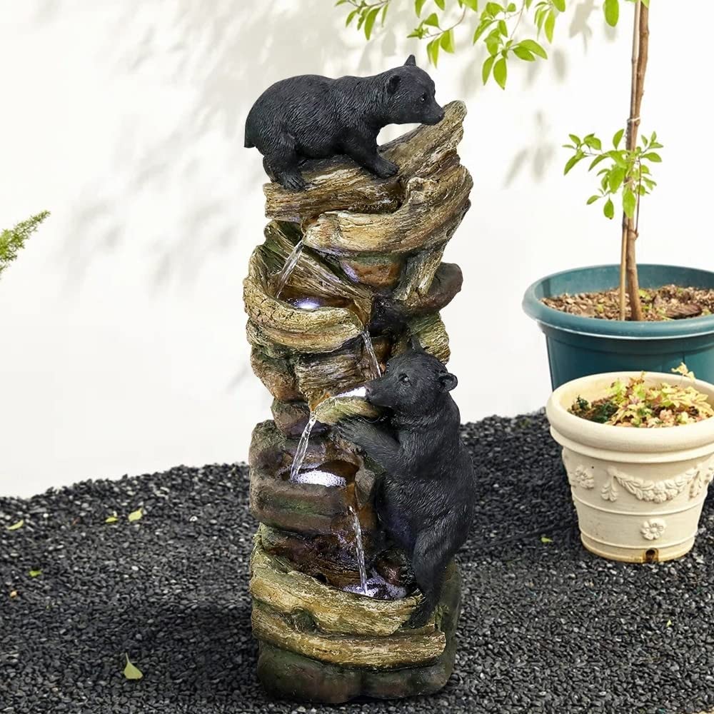 39.3in Tall Outdoor Water Fountain Resin Bear Patio Waterfall Grey Modern - Citiesdeals