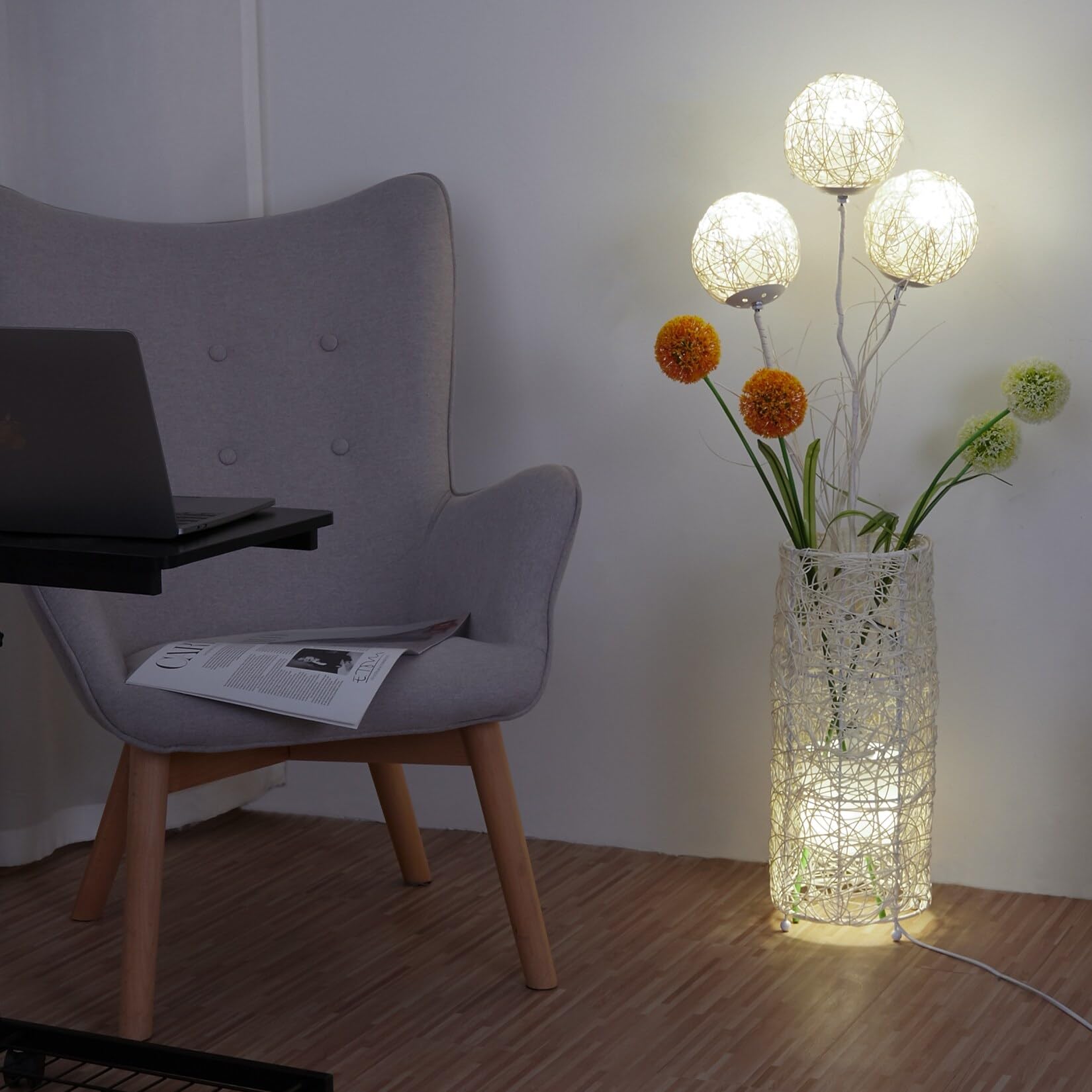 Rattan Led Floor Lamp with Flower Balls 42.9" Beige Mid-Century Modern Bulbs - Citiesdeals