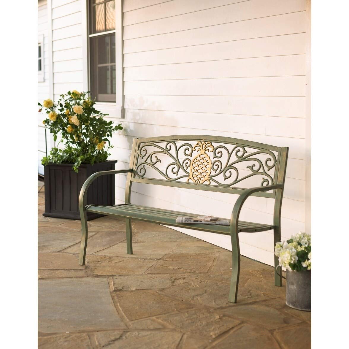 Pineapple Metal Garden Bench Green Aluminum Backed - Citiesdeals
