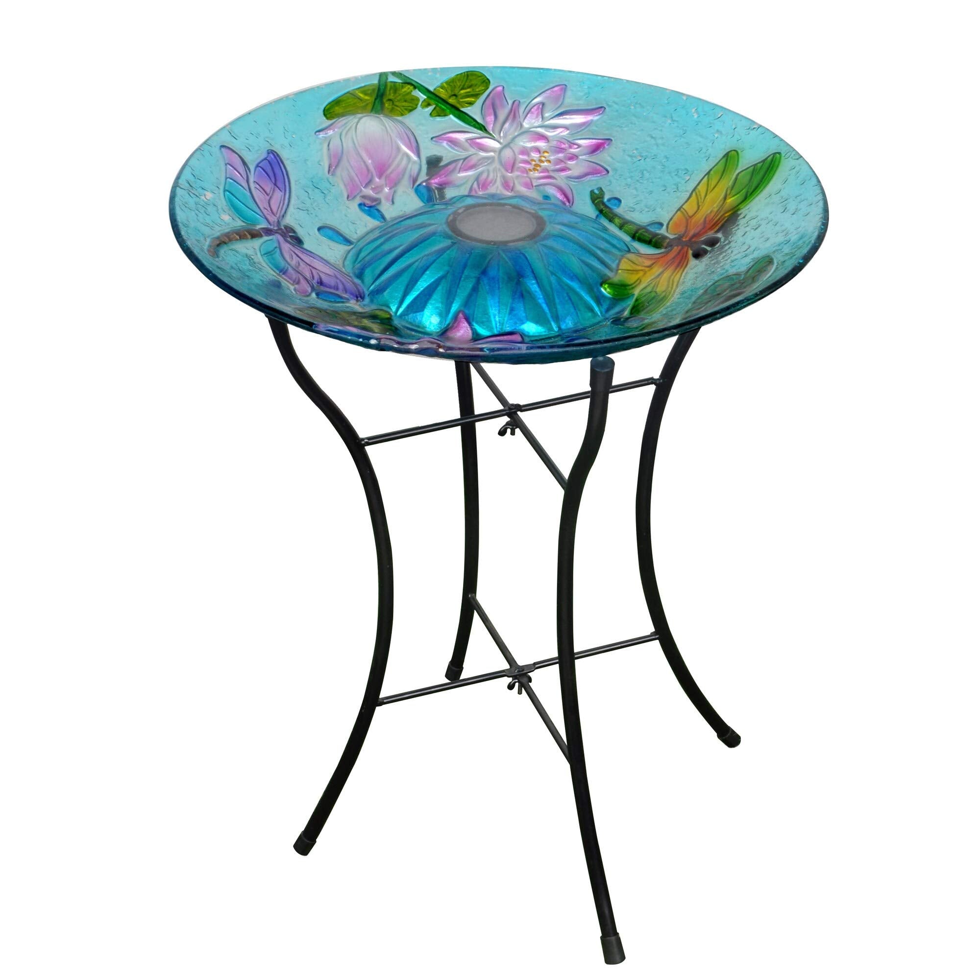 18" Handpainted Dragonfly Fusion Glass Solar Bird Bath Blue Multi Color Purple - Citiesdeals