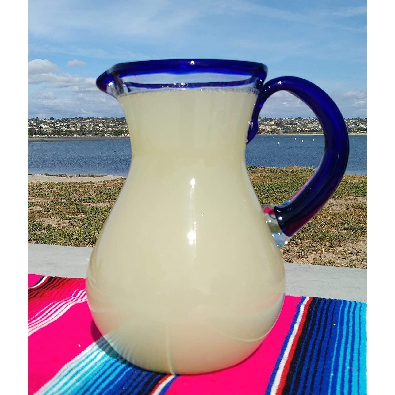 Dos Mexican Hand Blown Glass Pitcher Cobalt Blue Rim and Handle (84 Oz) - Citiesdeals