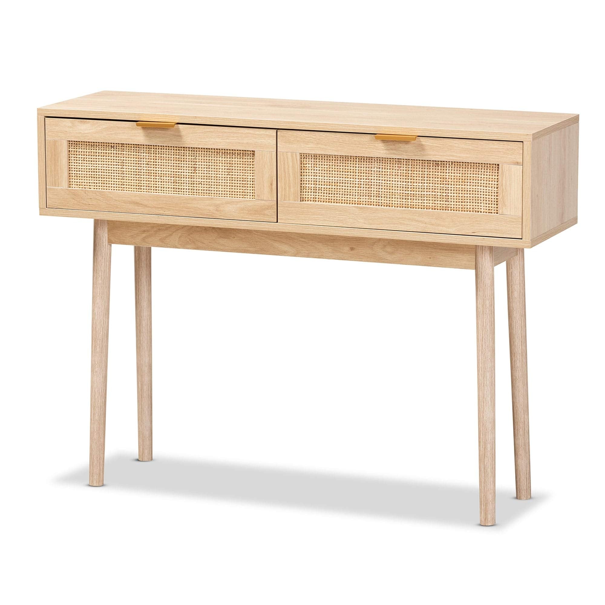 Baird Light Oak Brown Finished Wood and Rattan 2-Drawer Console Table - Citiesdeals