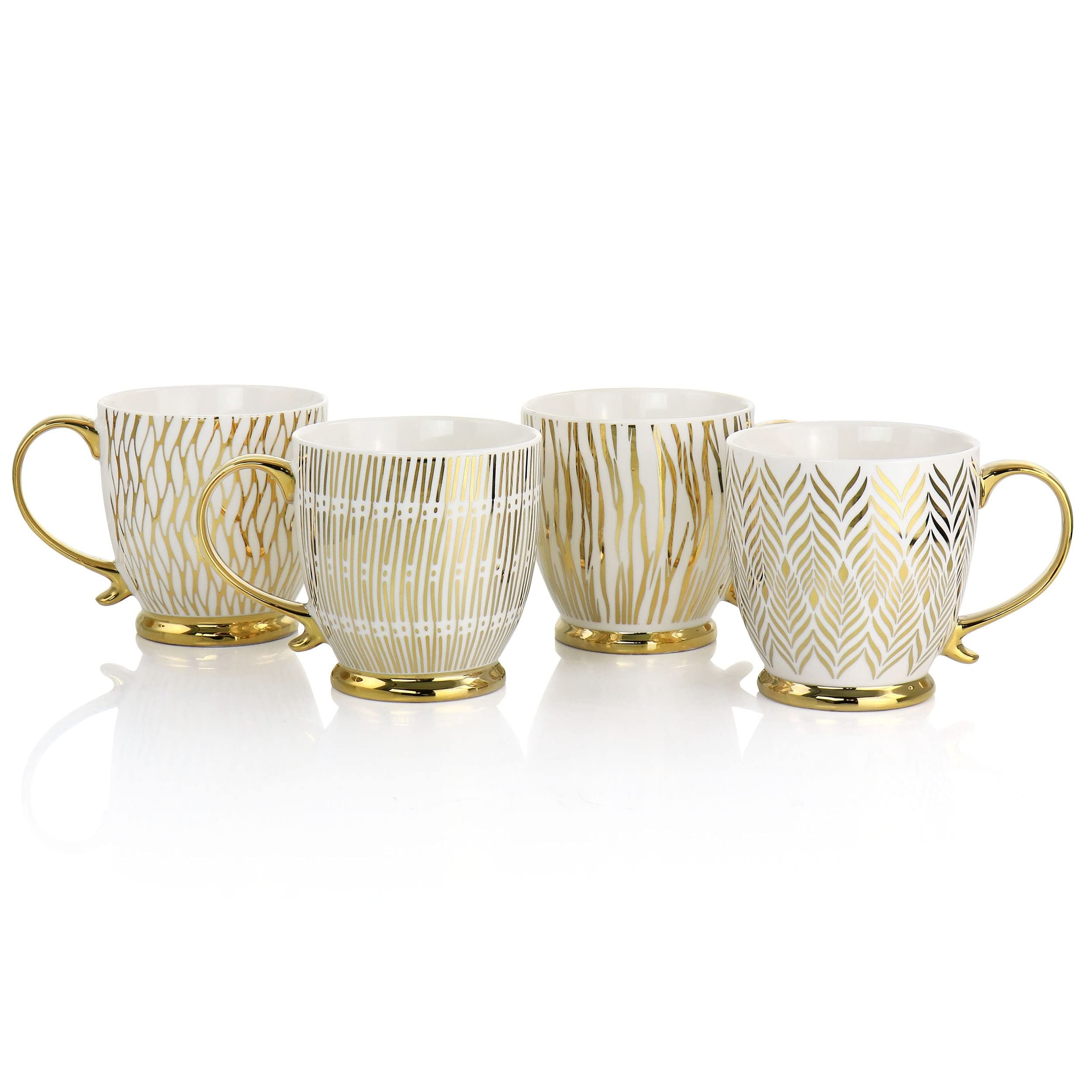 Gold 4 Piece 16.7oz Electroplated Fine Ceramic Mug Set Stripe Formal Round - Citiesdeals