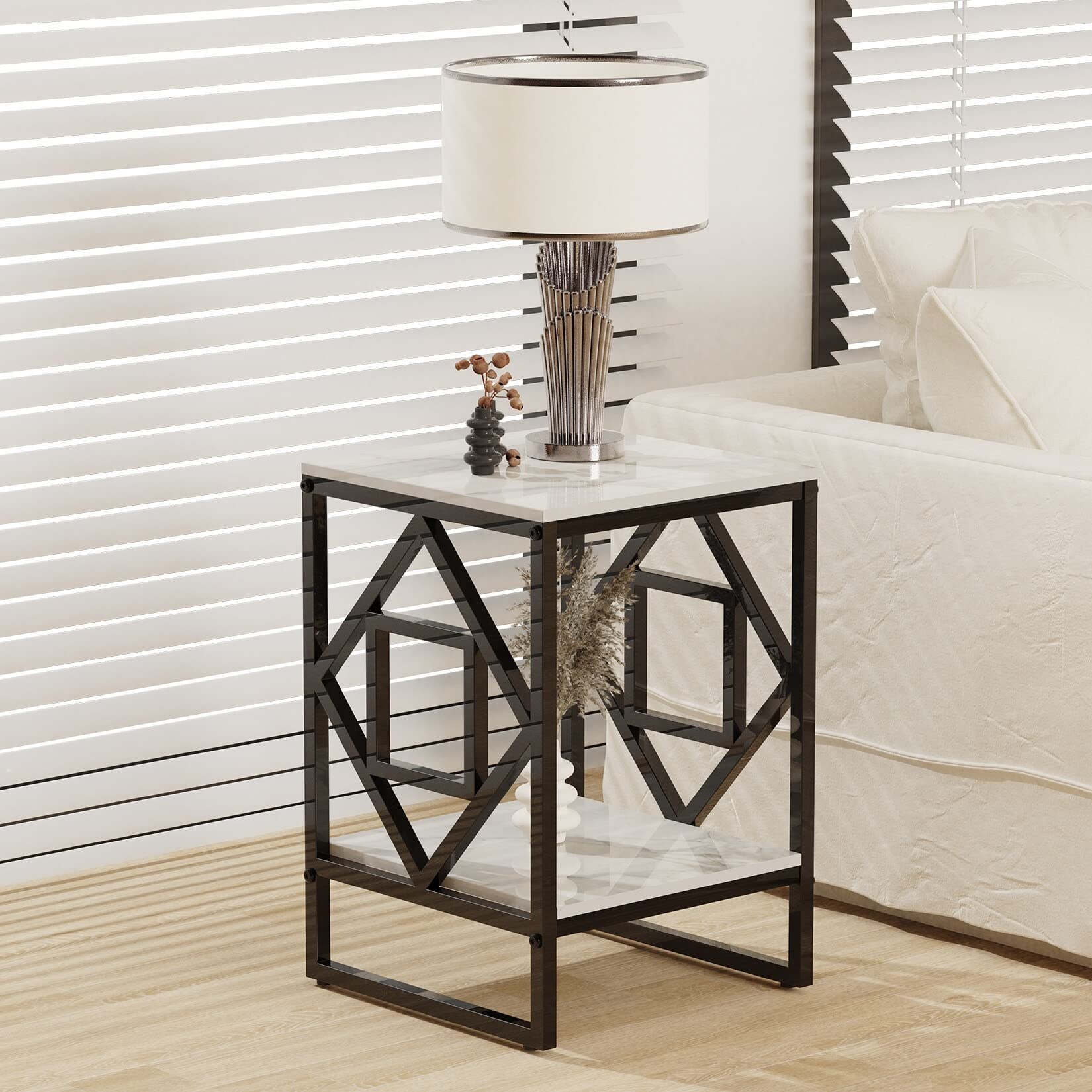 Square 15.7-inch Marble Top with Metal Frame Side Table Black Modern - Citiesdeals