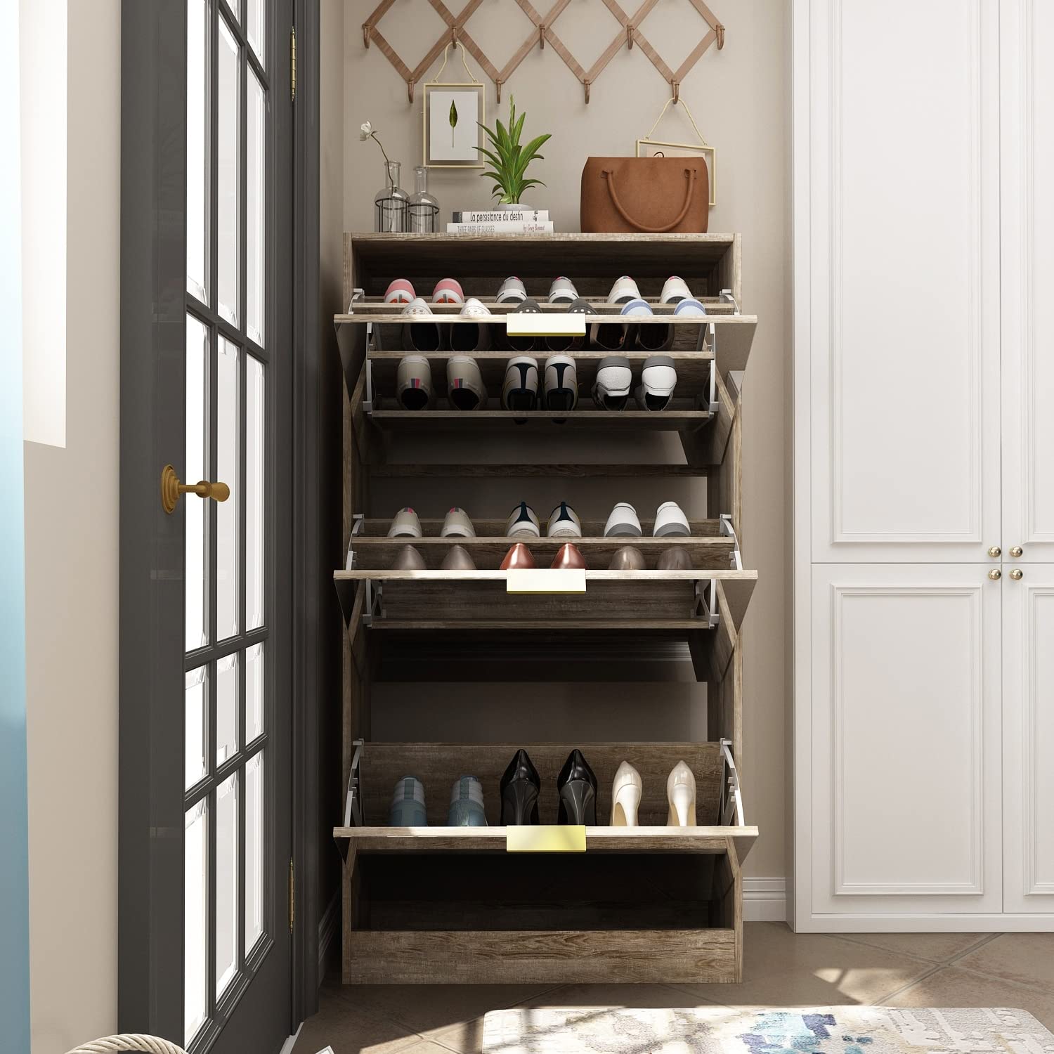 Floor Standing Mirror Shoe Cabinet Closet Organizers Brown Art Glass MDF Matte - Citiesdeals