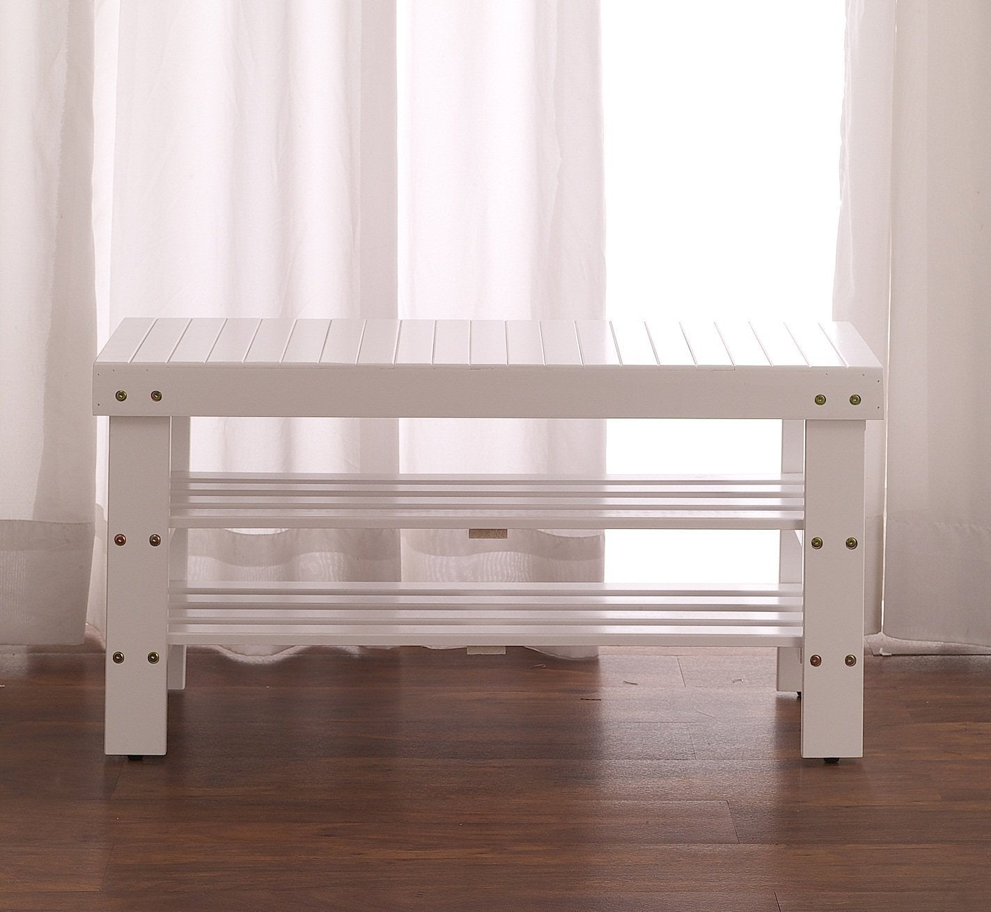 White Finish Solid Wood Storage Shoe Bench Shelf - Citiesdeals
