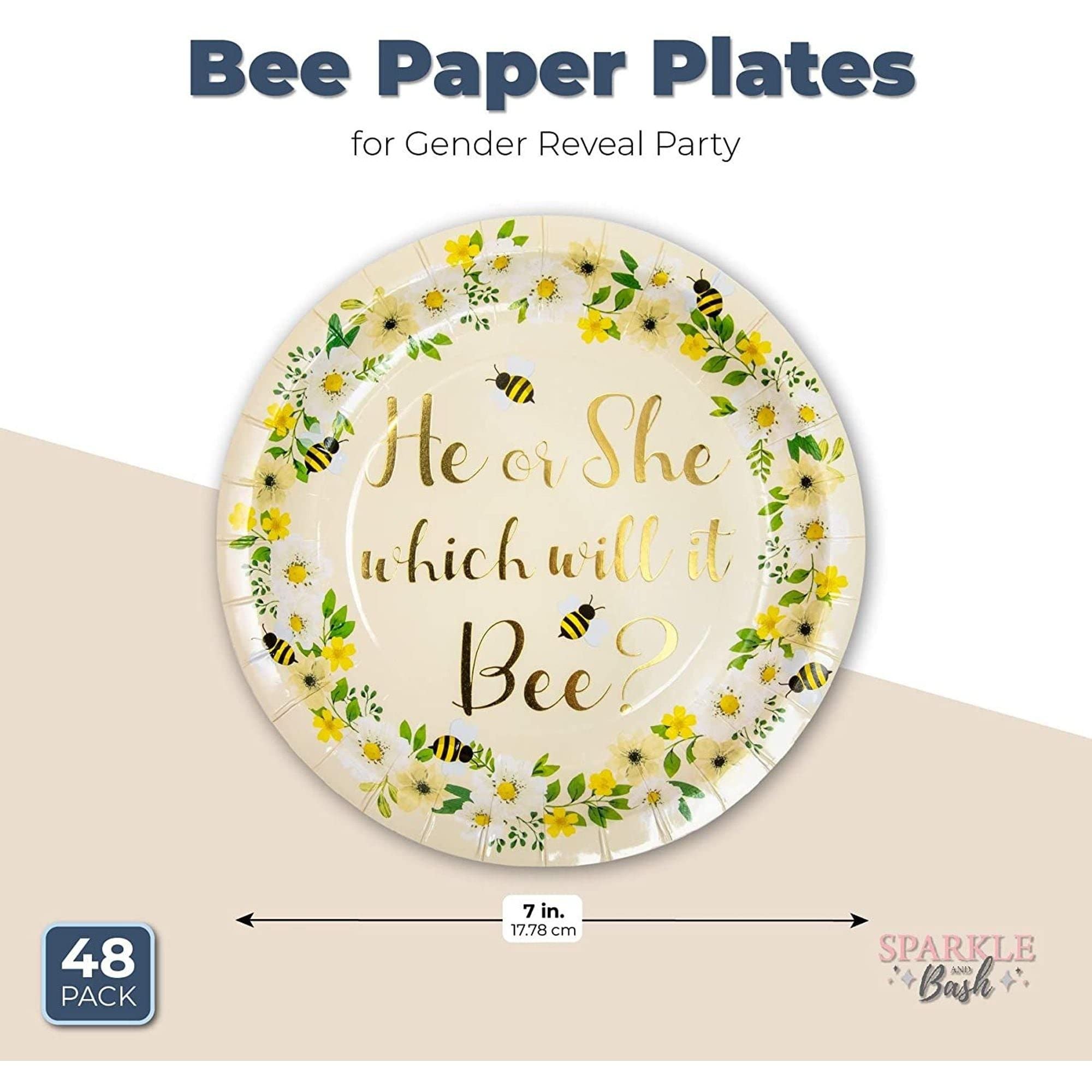 Bee Paper Plates For Gender Reveal Party (7 In 48 Pack) White Floral Country - Citiesdeals
