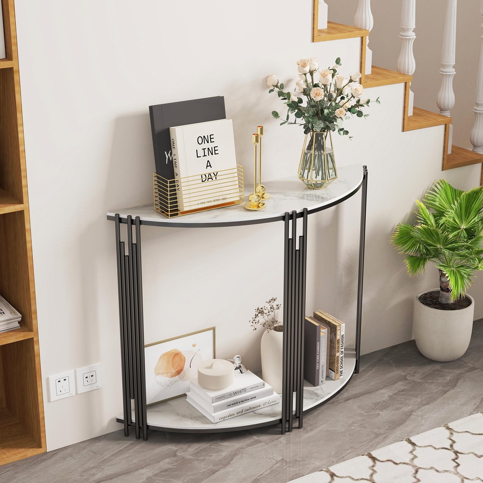 Half-Moon Shape Marble Console Table White Modern Contemporary Semi-Circle - Citiesdeals