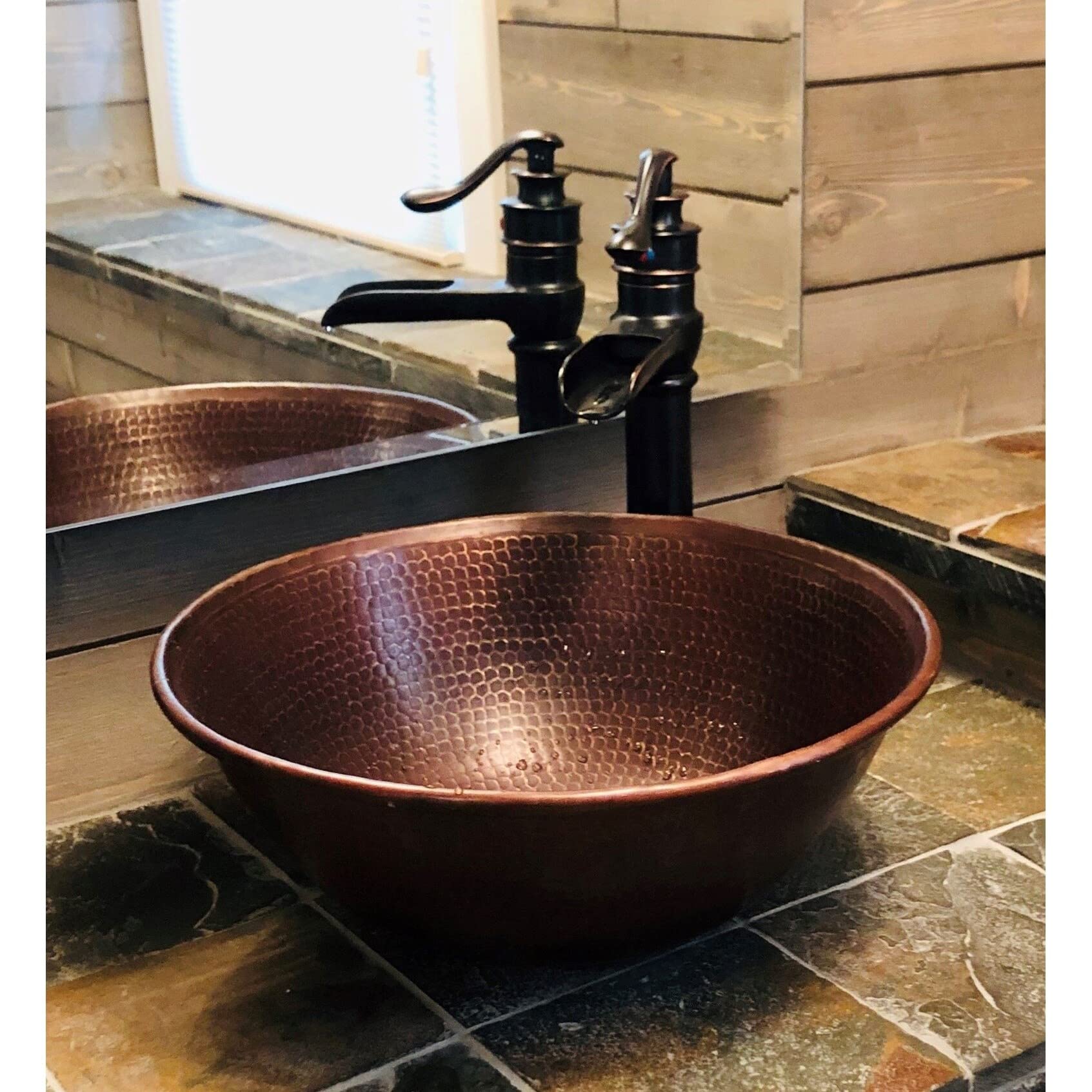 14" Round Copper Vessel Bathroom Sink In Brushed X 5.5" Brown Bronze Finish - Citiesdeals