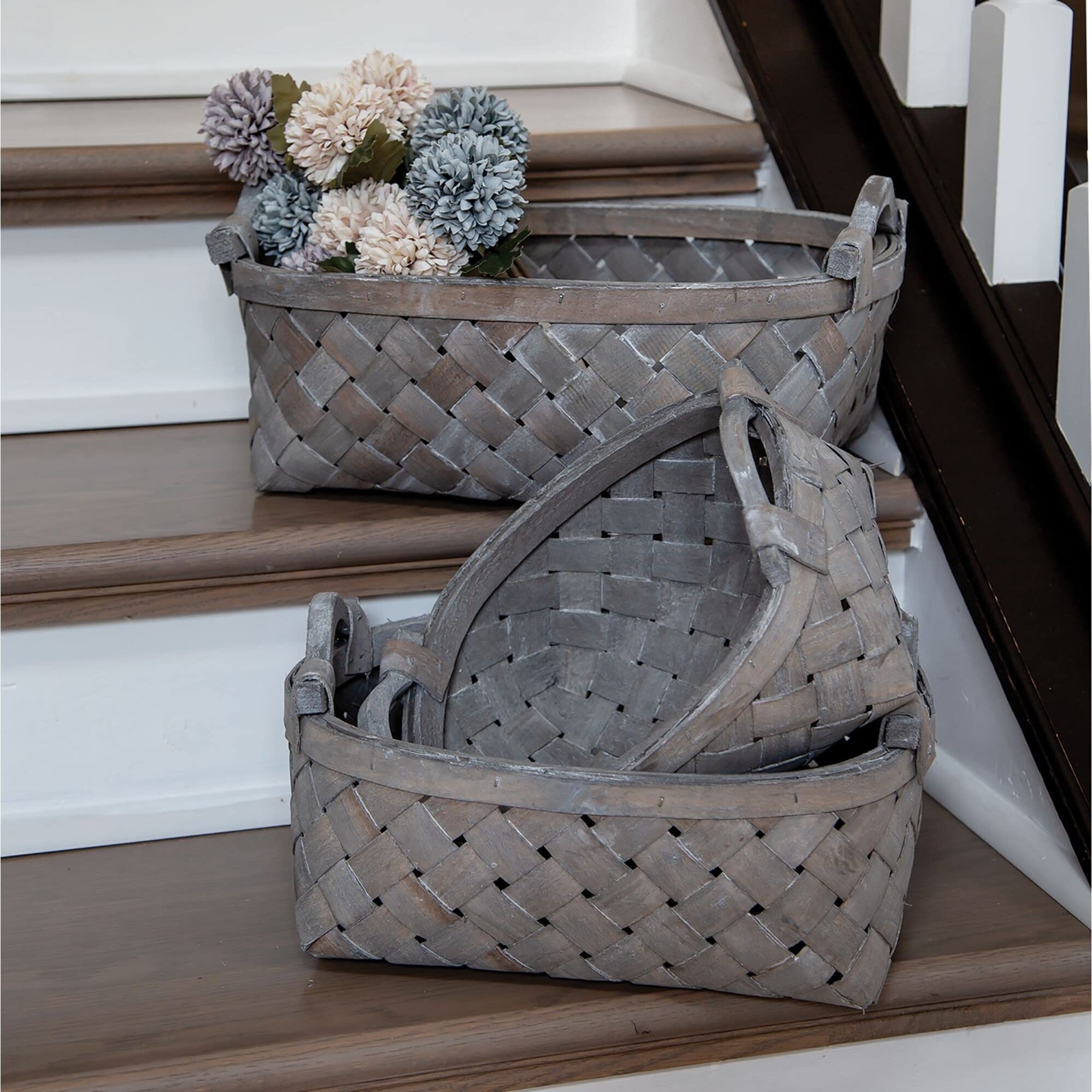 3/set Graywashed Oval Baskets W/wooden Handles Grey Farmhouse Wicker - Citiesdeals