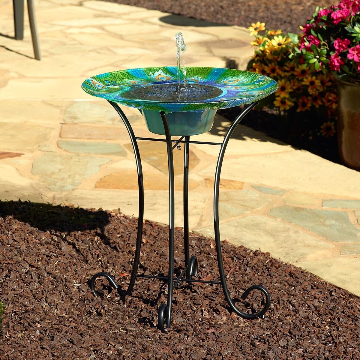 Peacock Glass Solar Birdbath Multi Color - Citiesdeals