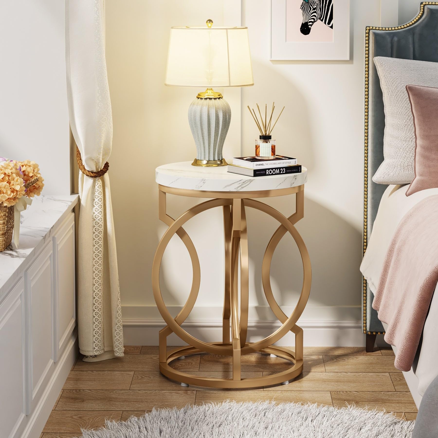 Gold End Table Round Side with Marble Top Mid-Century Modern Contemporary Iron - Citiesdeals