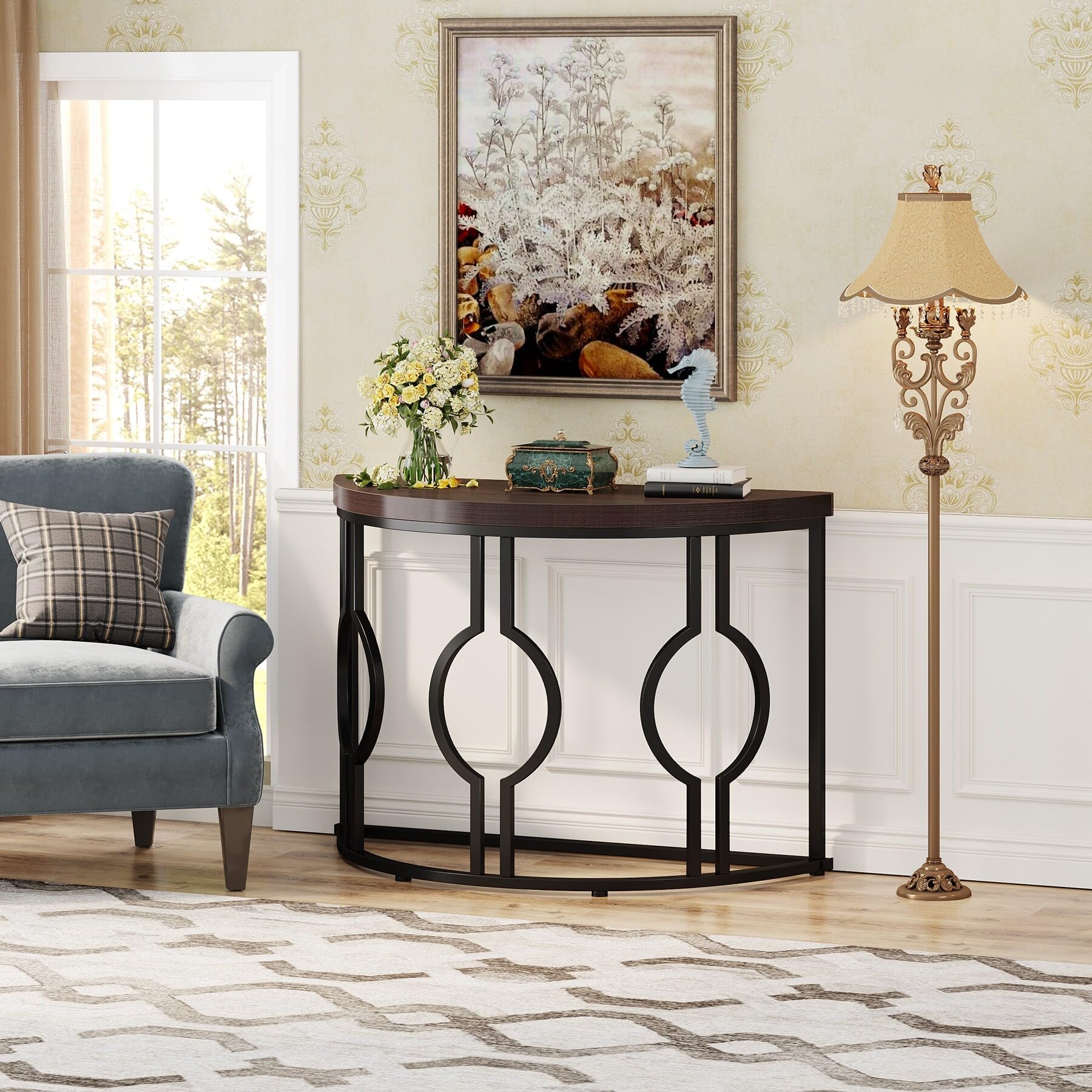 Half Moon Console Table for Entryway Semi Circle Sofa with Geometric Base Rustic Brown - Citiesdeals