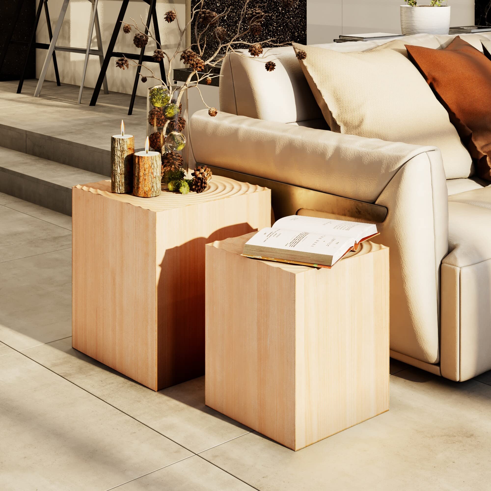Farmhouse End Table Set of 2 Tree Stump Nesting Side Multiple Styling Layout - Citiesdeals