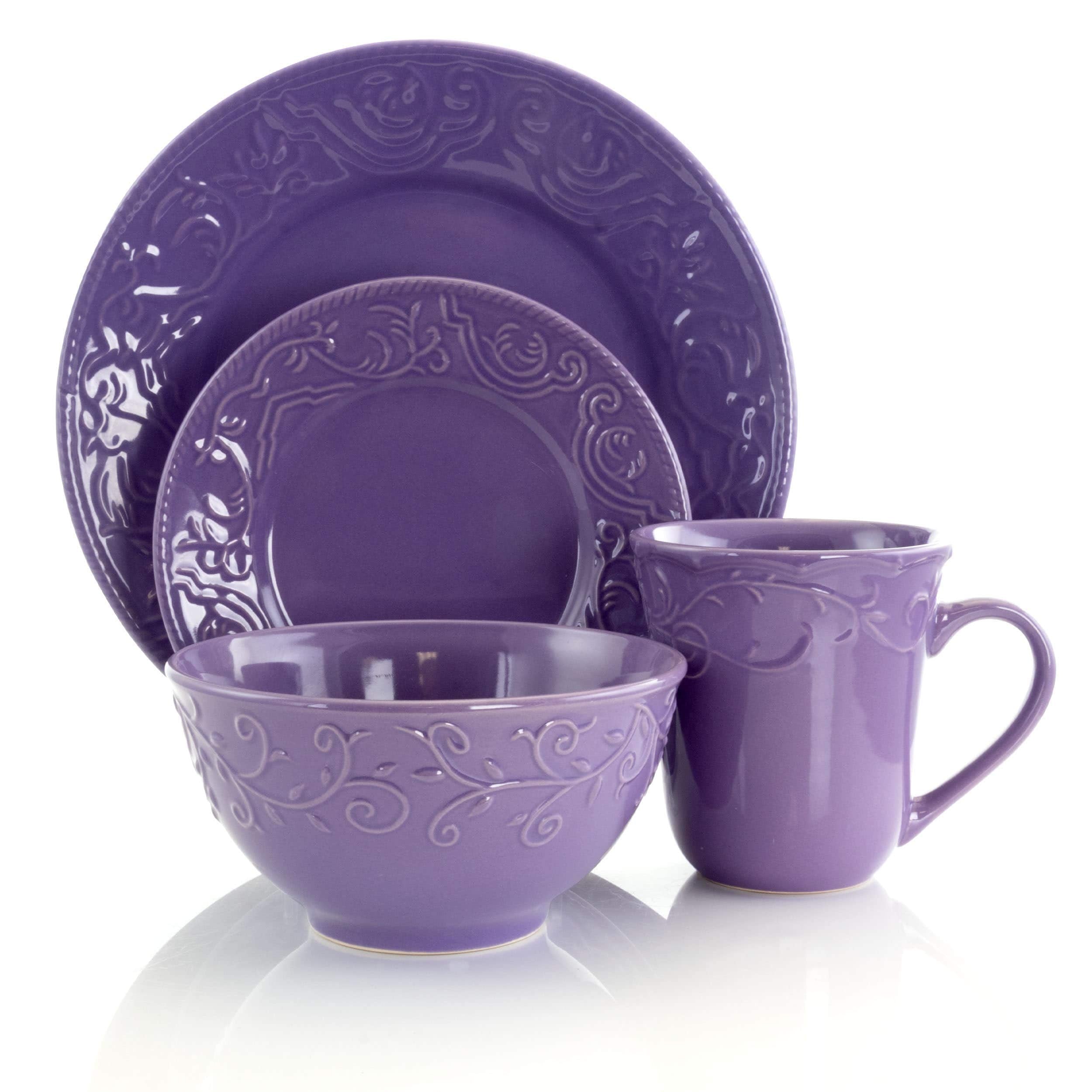 Lavender Field 16-Piece Dinnerware Set Purple Textured Casual Round Stoneware 16 - Citiesdeals