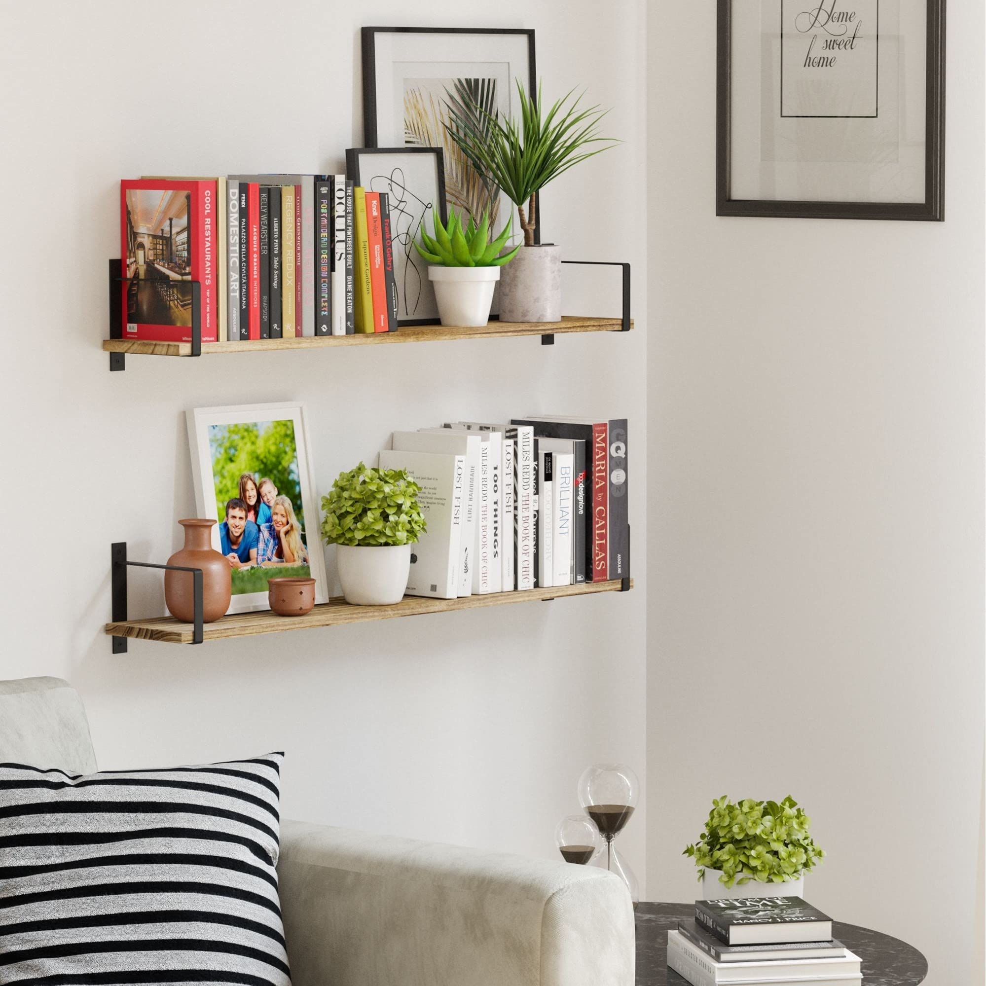 36" Solid Wood Floating Bookshelves Burned Finish Set of 2 Beige Farmhouse - Citiesdeals