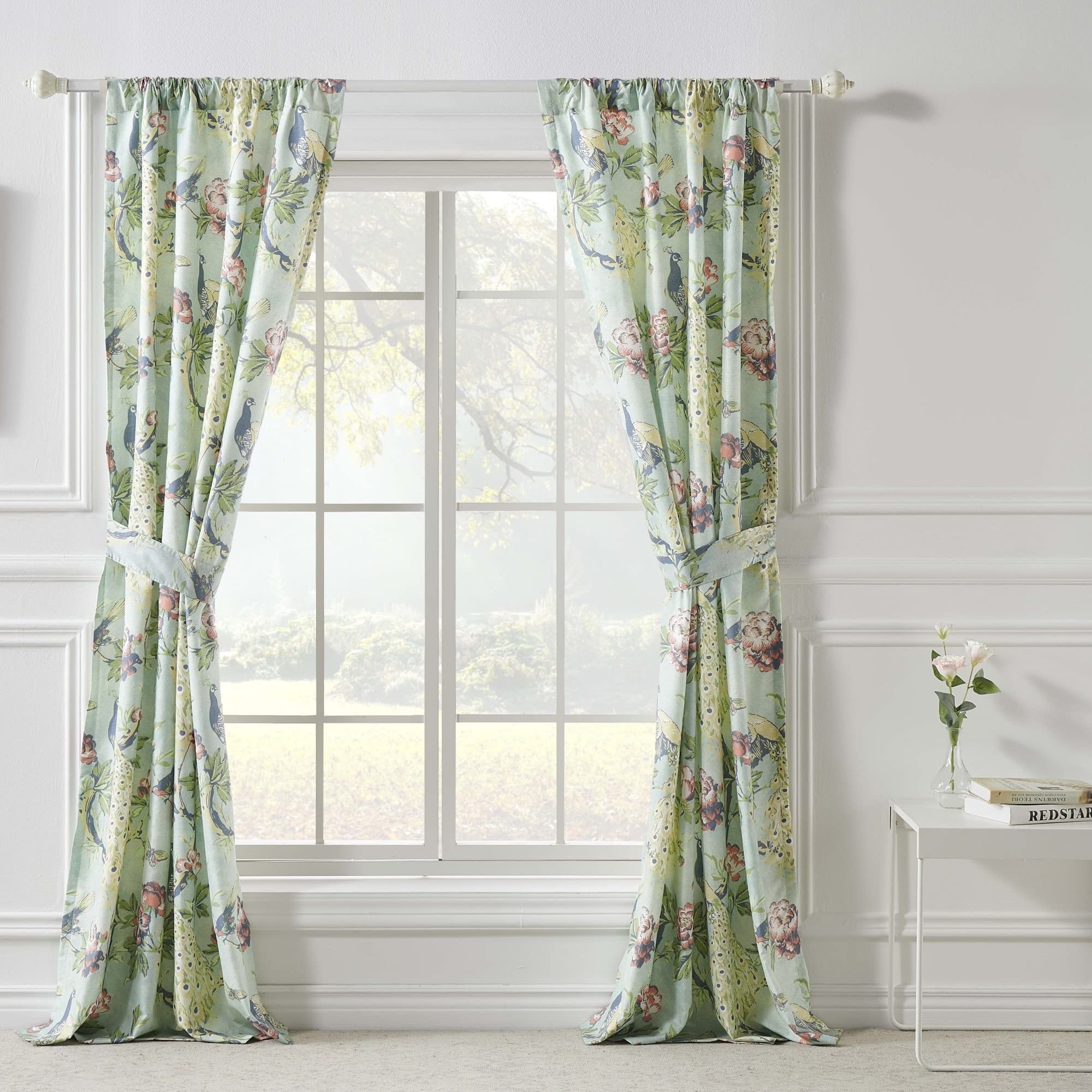 Peacock 84-inch Curtain Panels (Set of 2) Blue Green Red Floral Traditional - Citiesdeals