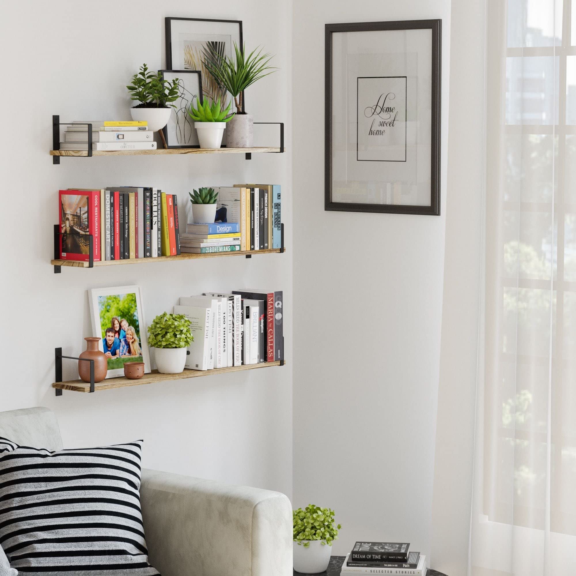36'' Solid Wood Floating Bookshelf Set of 3 Burned Finish Beige Farmhouse Rustic - Citiesdeals
