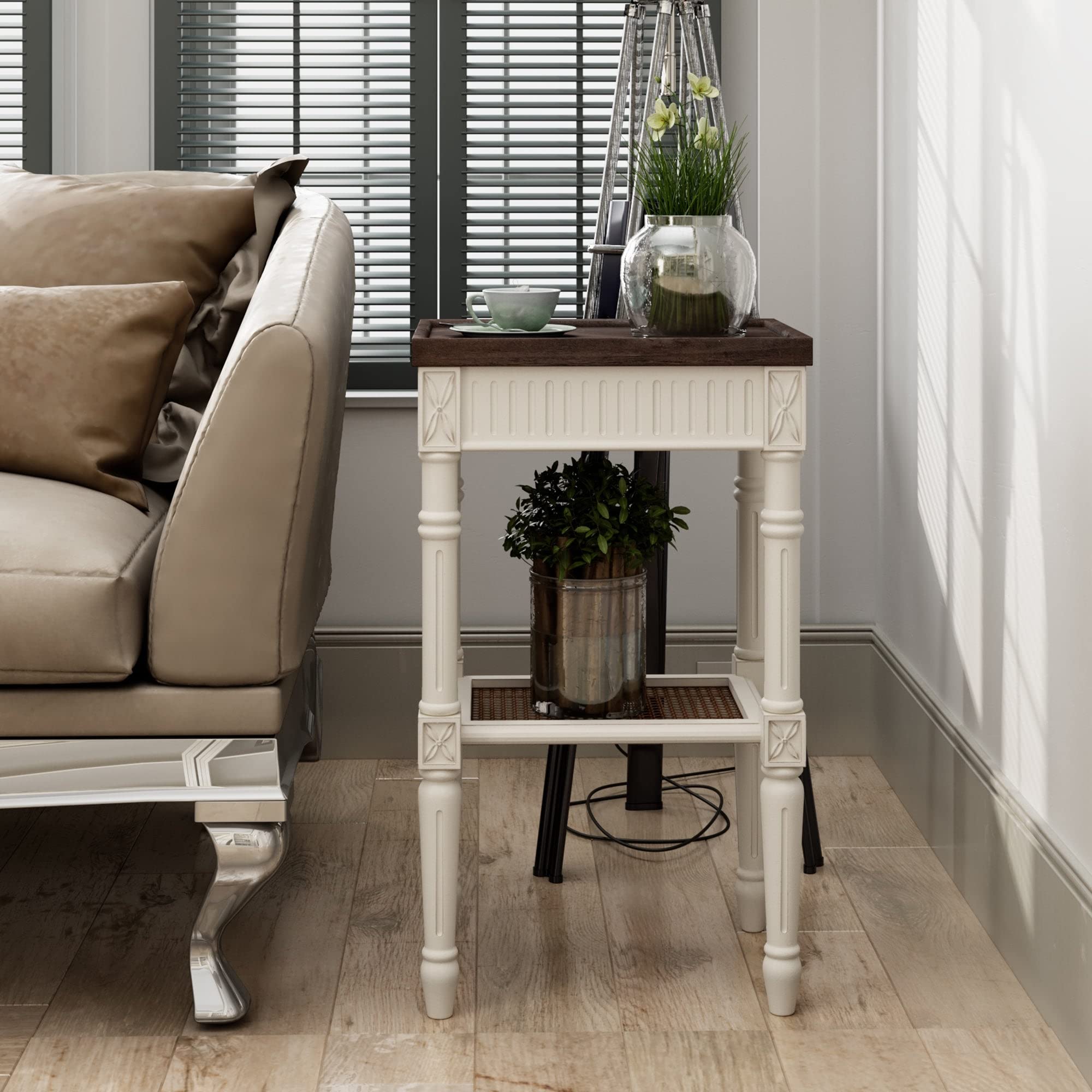 French Country Distressed Accent Table Tray Top and Woven Wicker Shelf Boho - Citiesdeals
