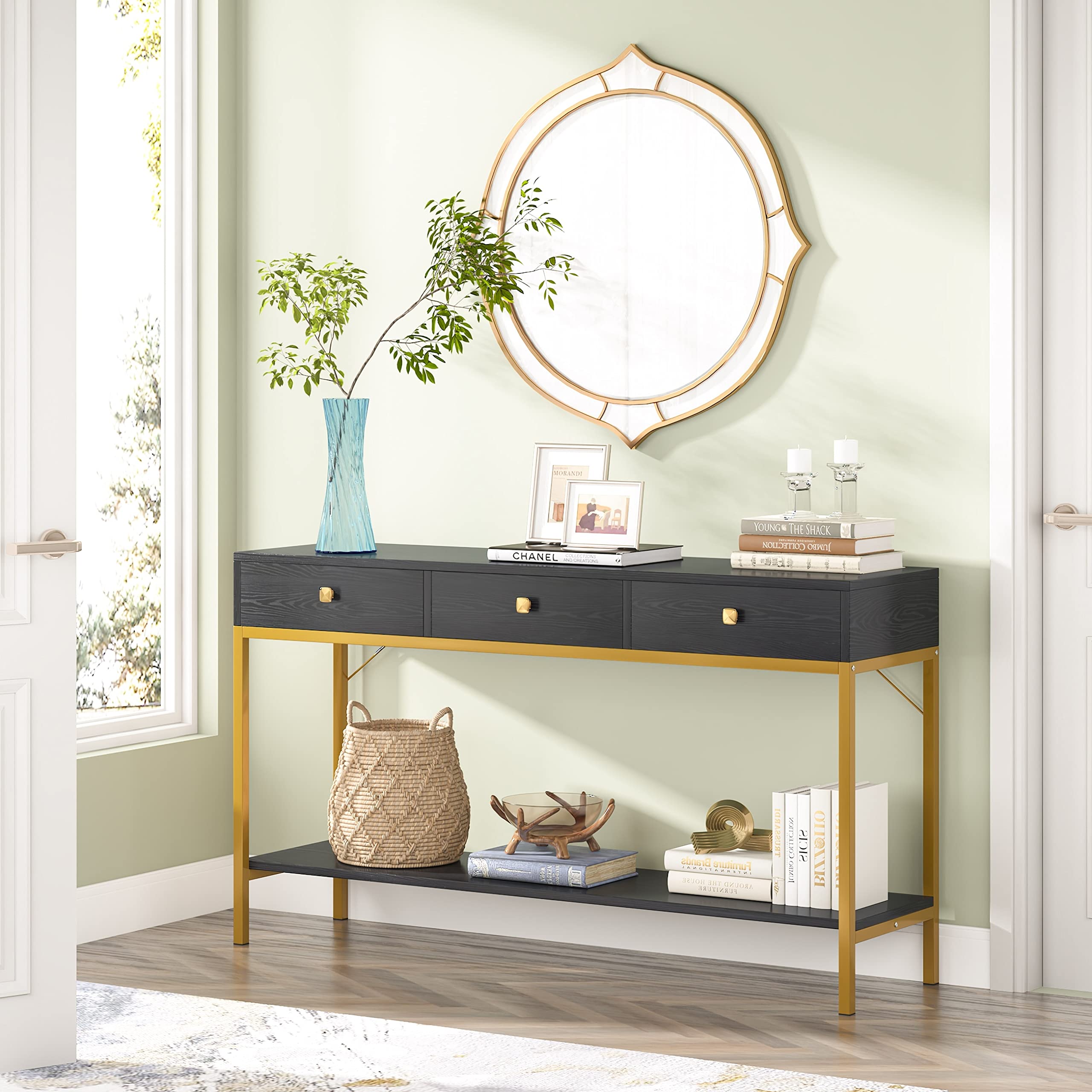 54.33'' Console Table with 3 Drawers Black Entryway Storage Shelves Glam