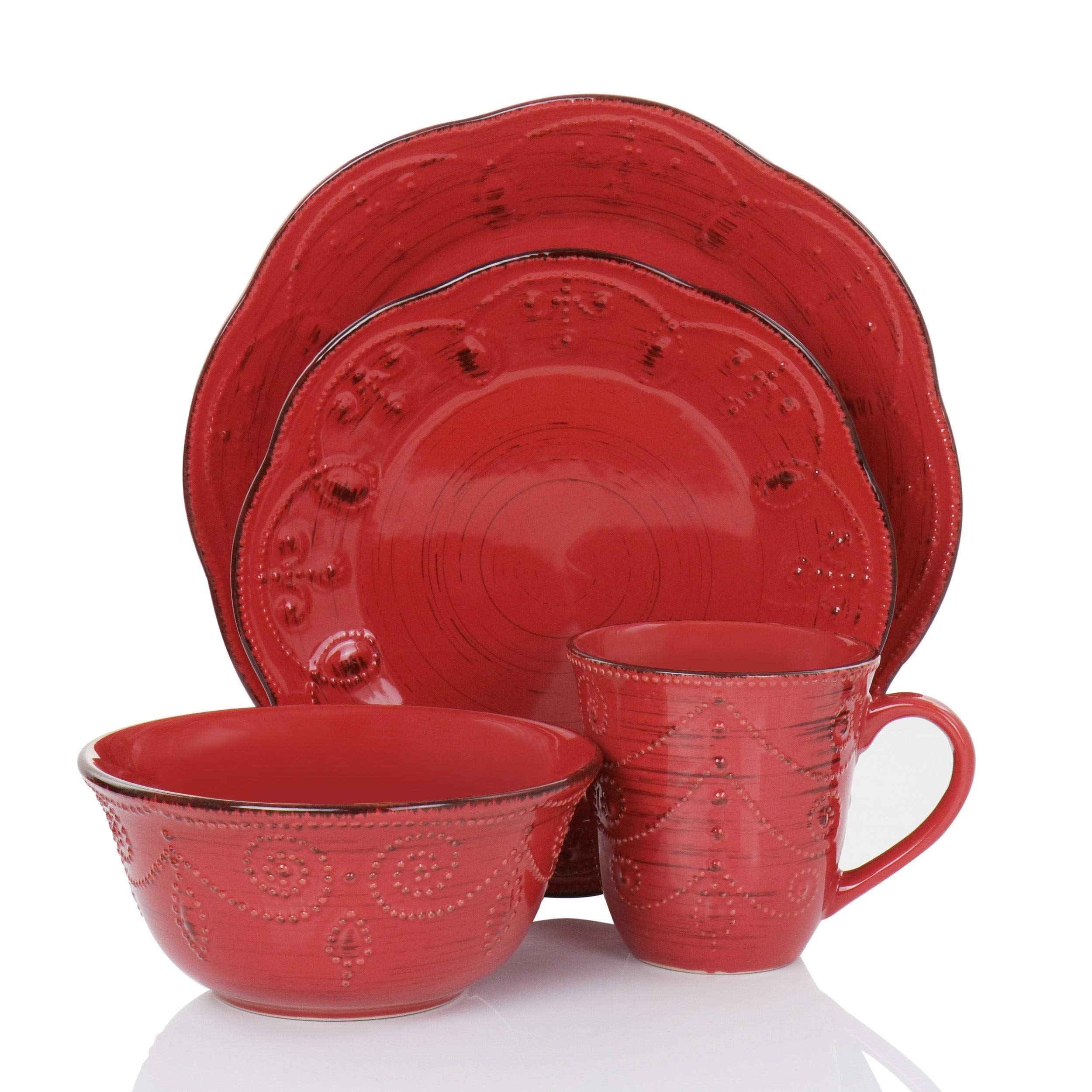 Rustic Birch 16 Piece Stoneware Dinnerware Set in Red Solid Casual Round - Citiesdeals
