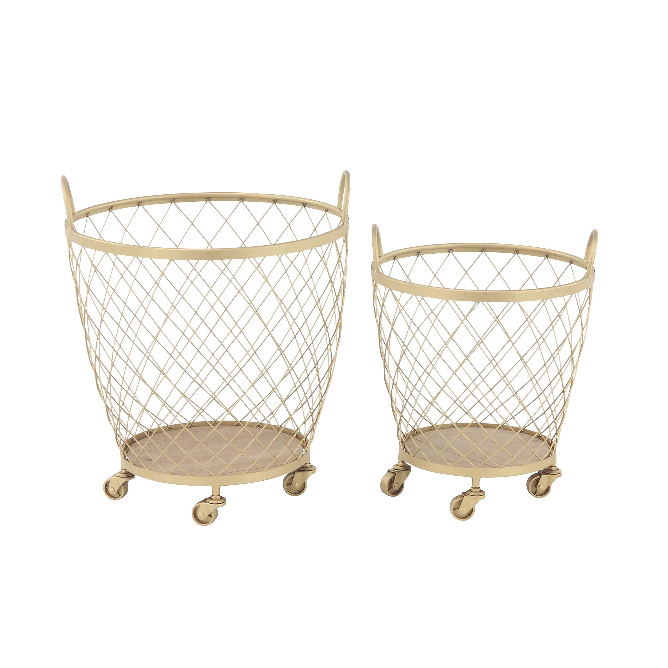 Set of 2 Modern Diamond-Weave Round Iron Baskets with Wheels Gold - Citiesdeals
