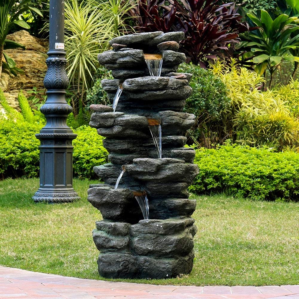 40-inch Tired Outdoor Rock Water Fountain Cascading Waterfall W/Light Grey - Citiesdeals