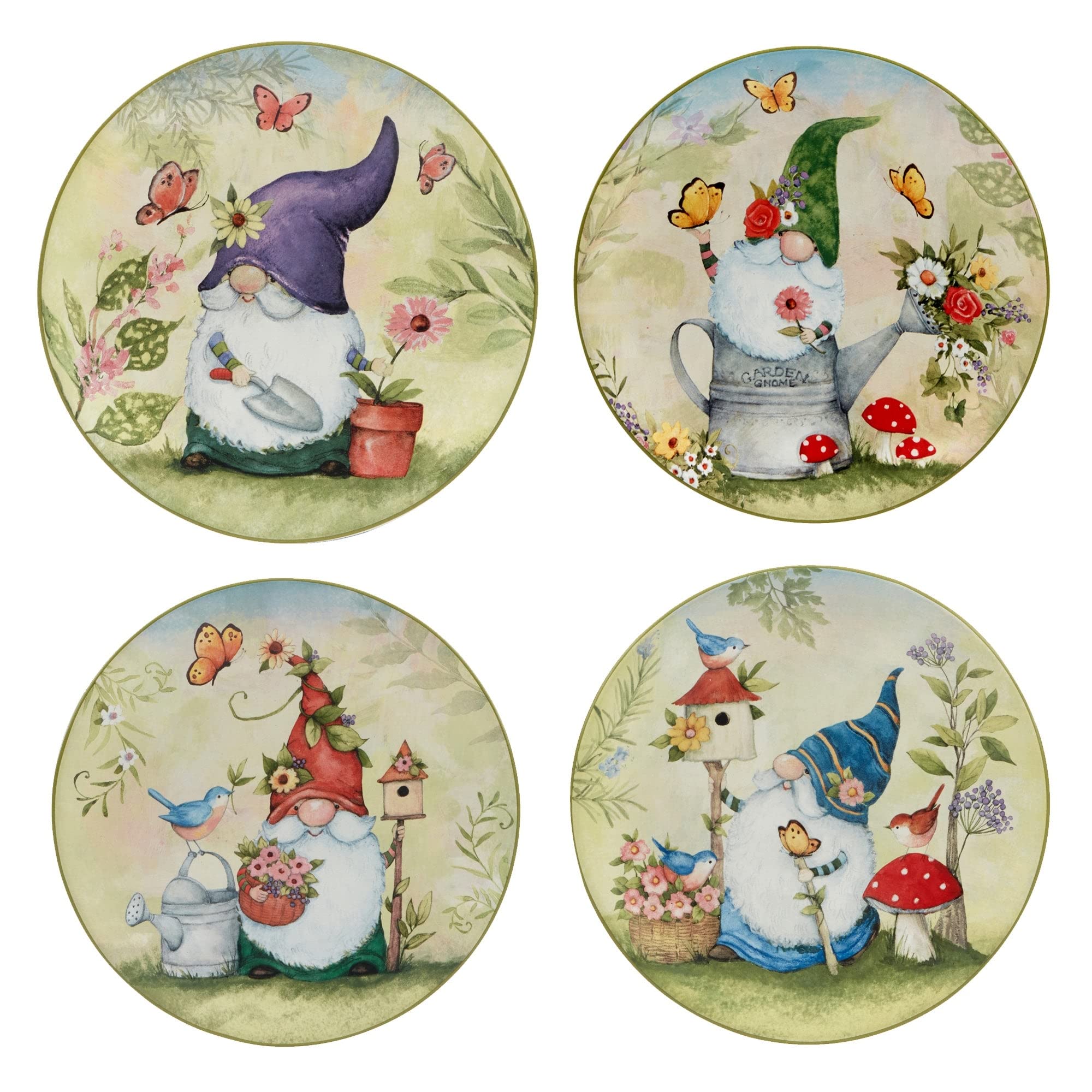 Garden Gnomes 9" Salad/dessert Plates Set Of 4 Assorted Designs 11' X Green