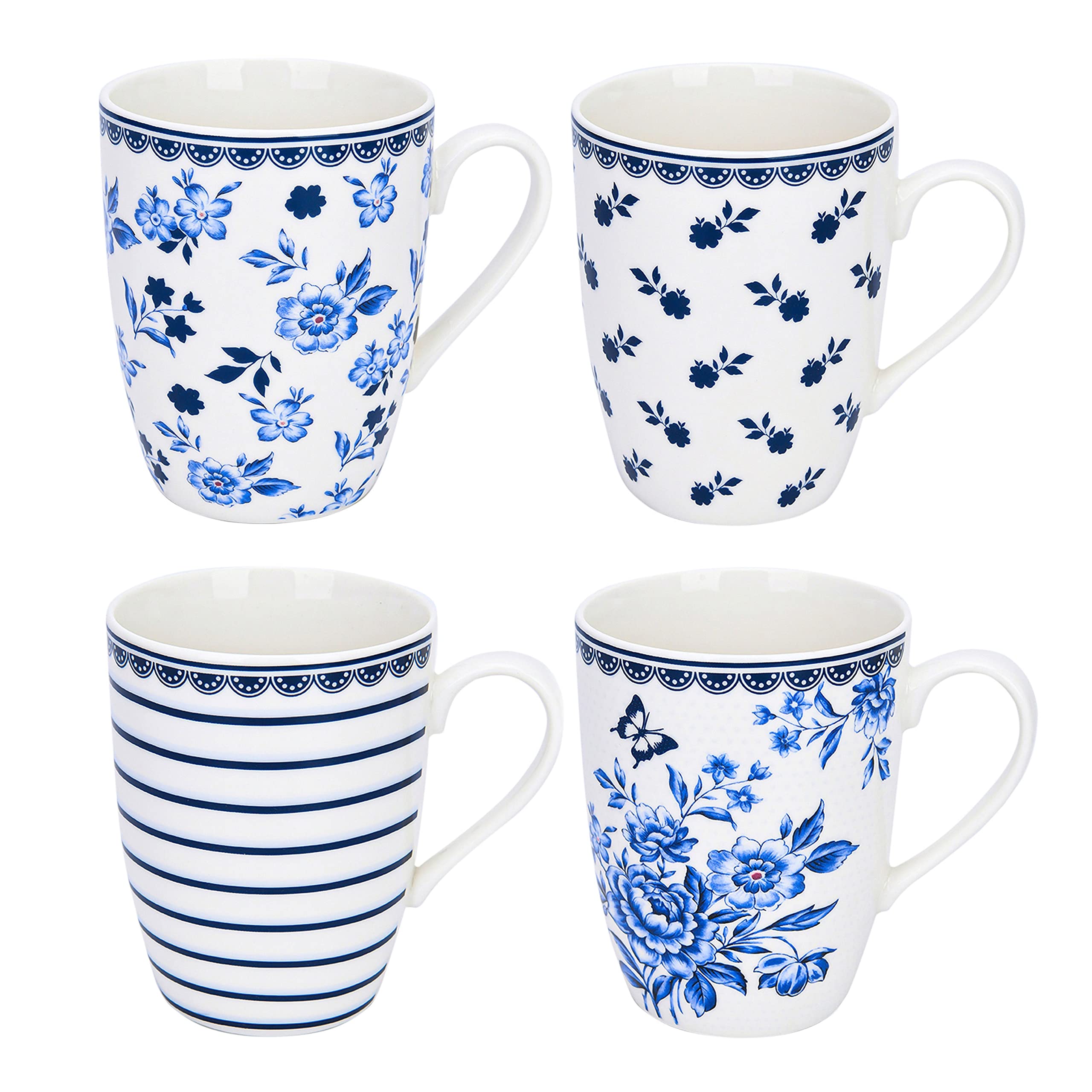Vintage Blue Coffee Tea Bone China Mugs Set Of 4 Floral Country Round Piece