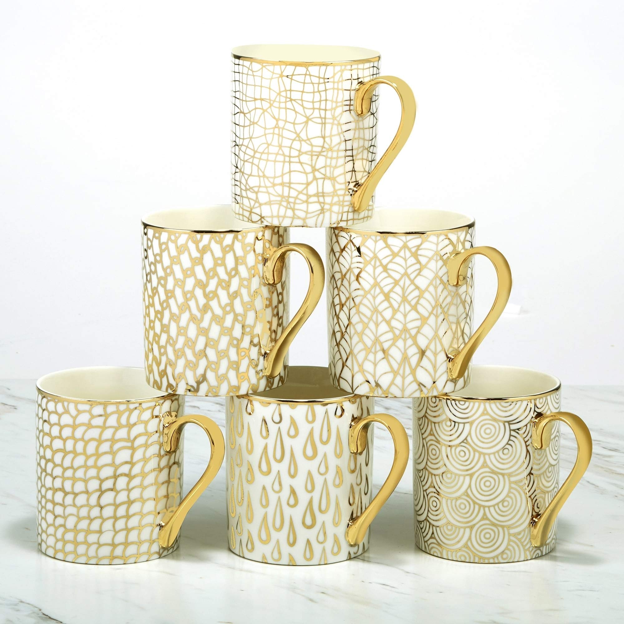 Mosaic Gold Plated Mugs Set of 6 White Geometric Modern Contemporary