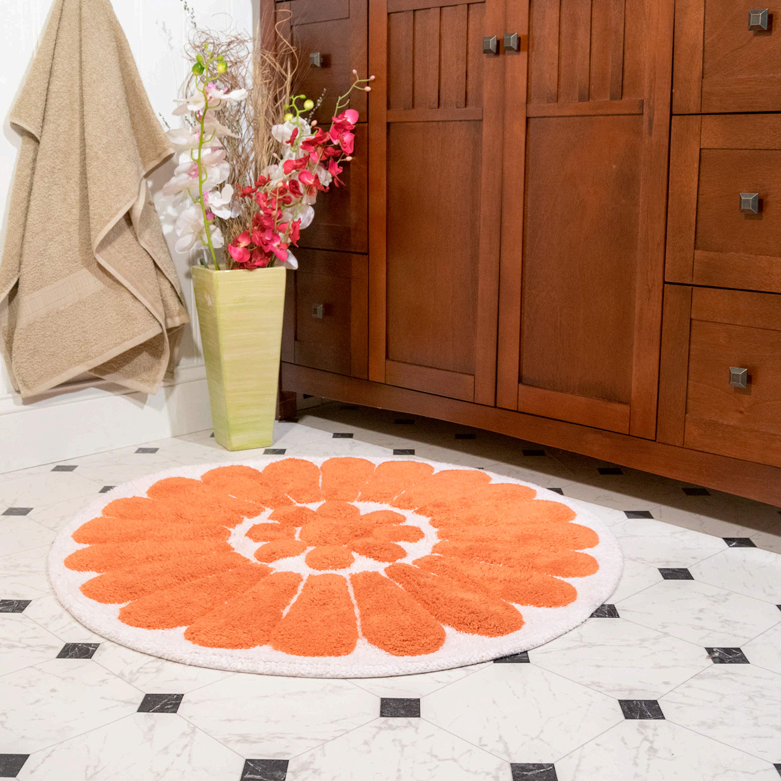 Chesapeake Bursting Flower 2 Pc. White & Coral Round Bath Rug Set 4595 (24" & - Citiesdeals