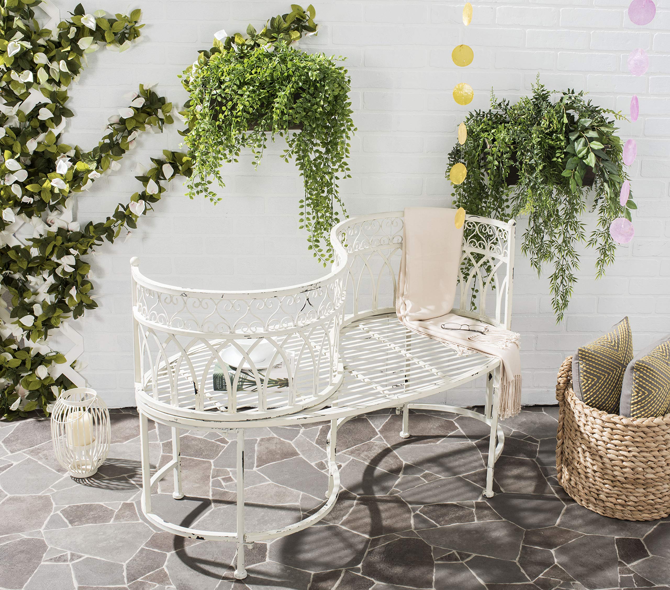 SAFAVIEH Outdoor Collection Lara Victorian Antique White Iron Kissing Bench - Citiesdeals