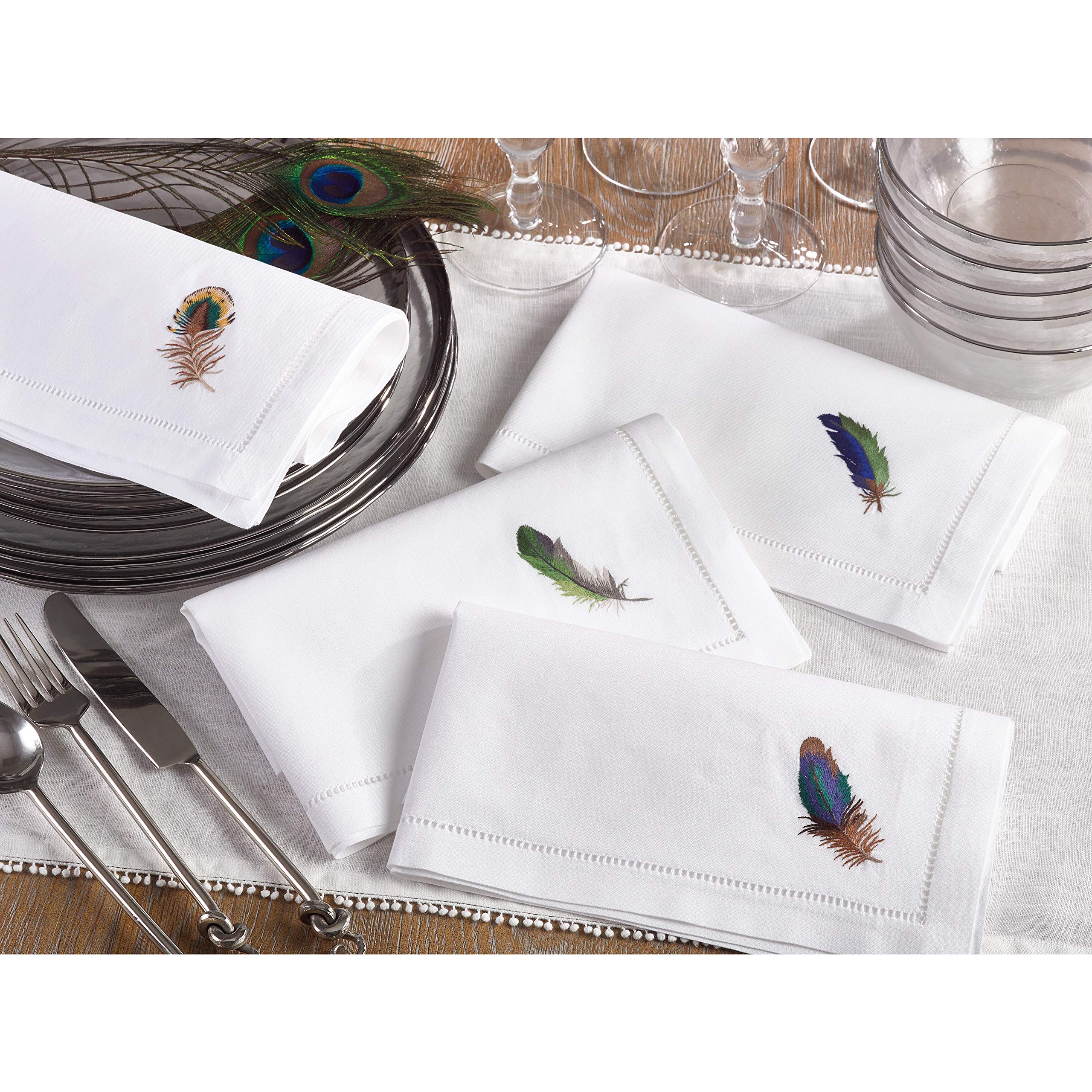 Embroidered Multicolor Feather Hemstitched Cotton Napkin (Set of 6) White - Citiesdeals