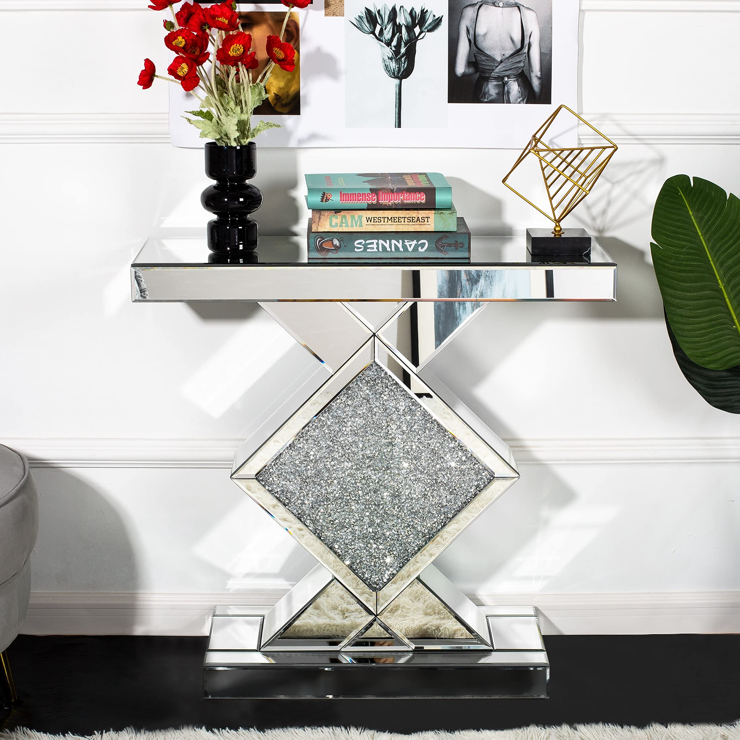 Contemporary Mirrored Console Table Silver Glam Rectangular Glass MDF Glossy - Citiesdeals