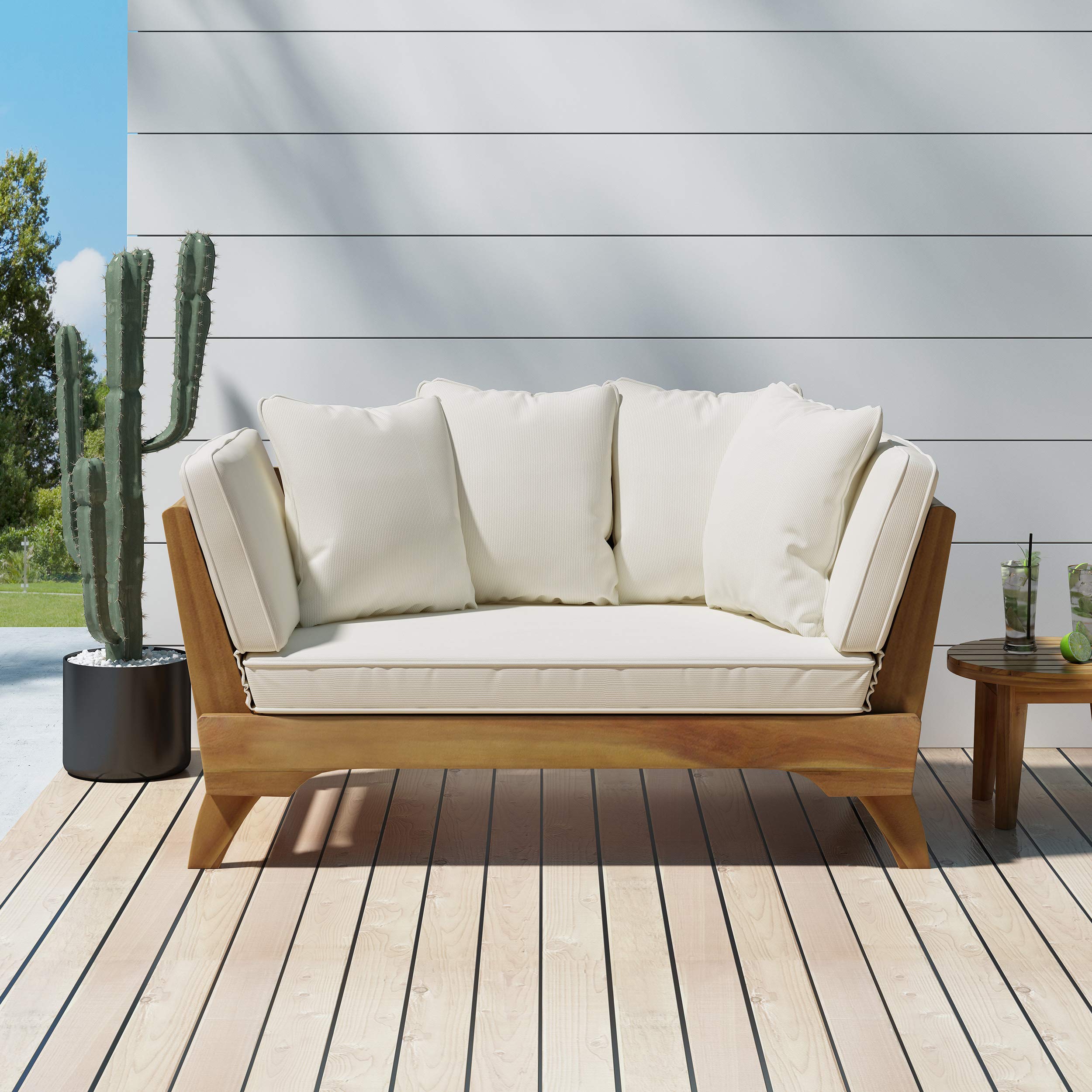 Christopher Knight Home Patrick Outdoor Acacia Wood Expandable Daybed with Water Teak Finish + Khaki + Beige Cushion - Citiesdeals