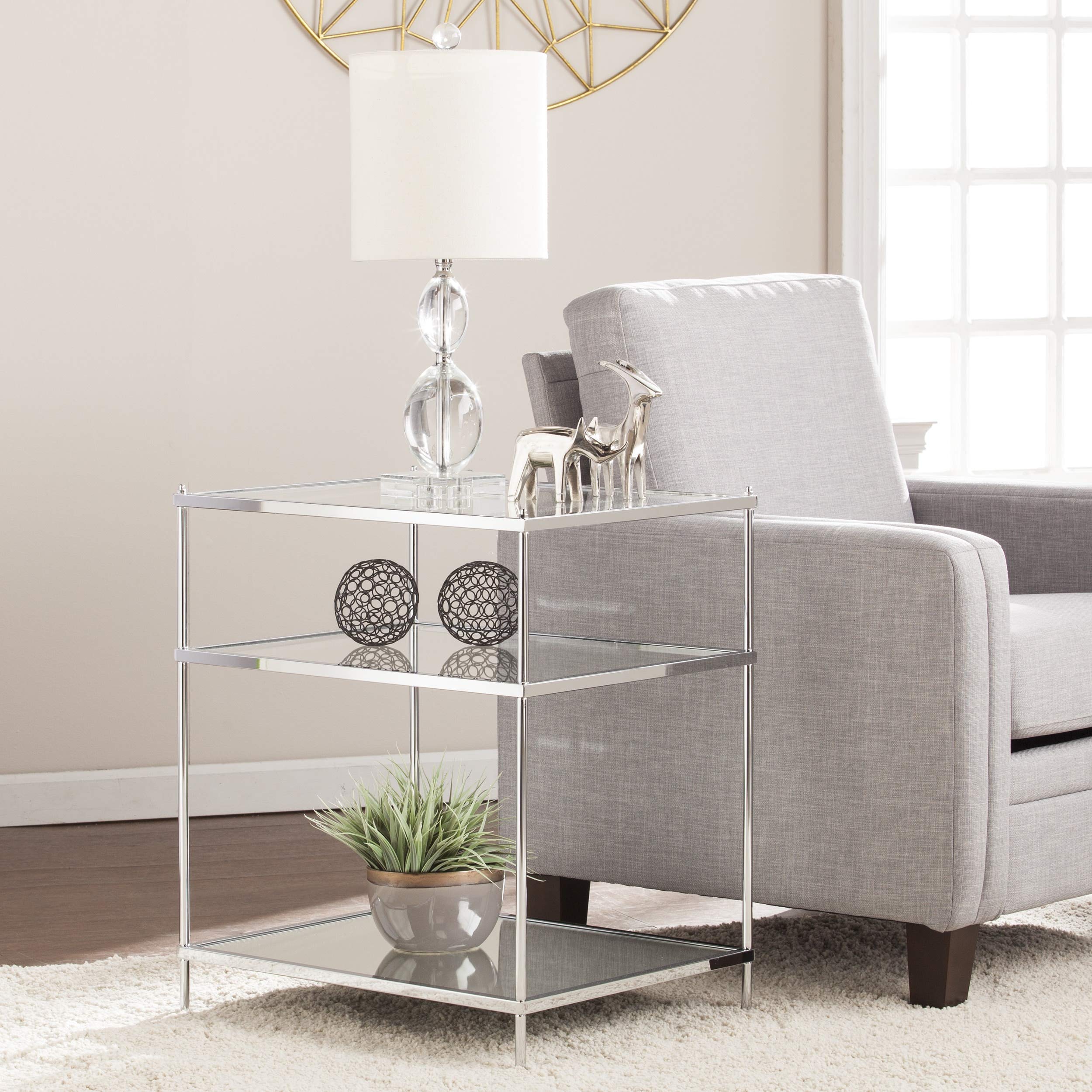Glam Mirrored Side Table Chrome Silver Rectangle Glass Iron Metal Finish