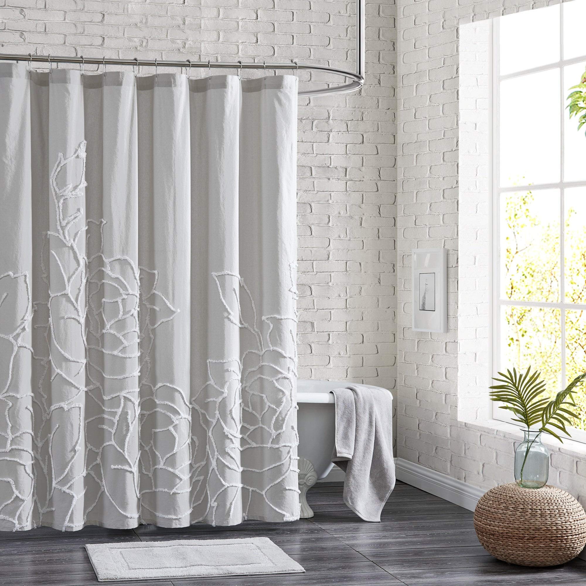 Rose Chenille Tufted Floral Shower Curtain Grey Cottage Farmhouse Modern