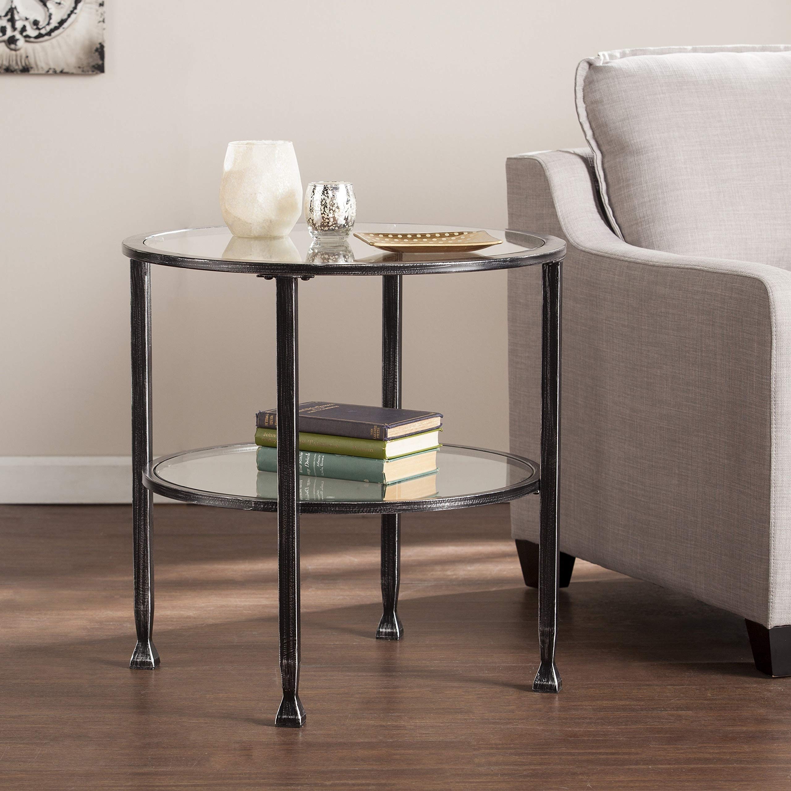 Black etal/Glass Round End Table Silver odern Contemporary Transitional Iron