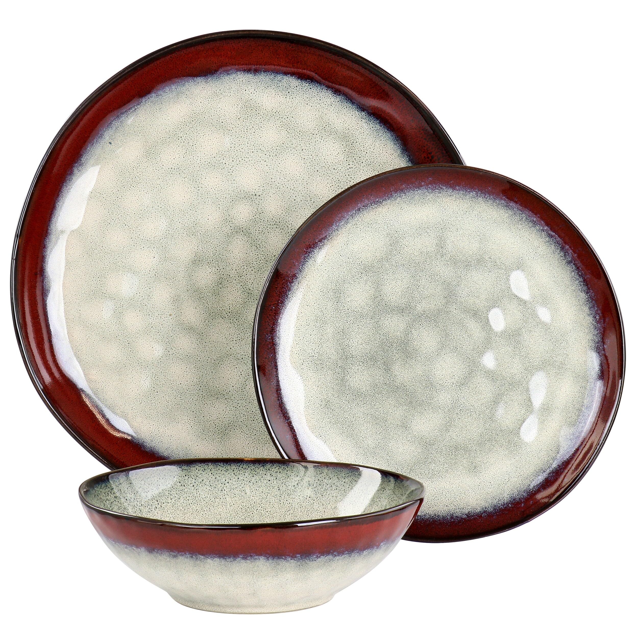 12 Piece Stoneware Dinnerware Set Red Banded Casual Round Dishwasher Safe - Citiesdeals