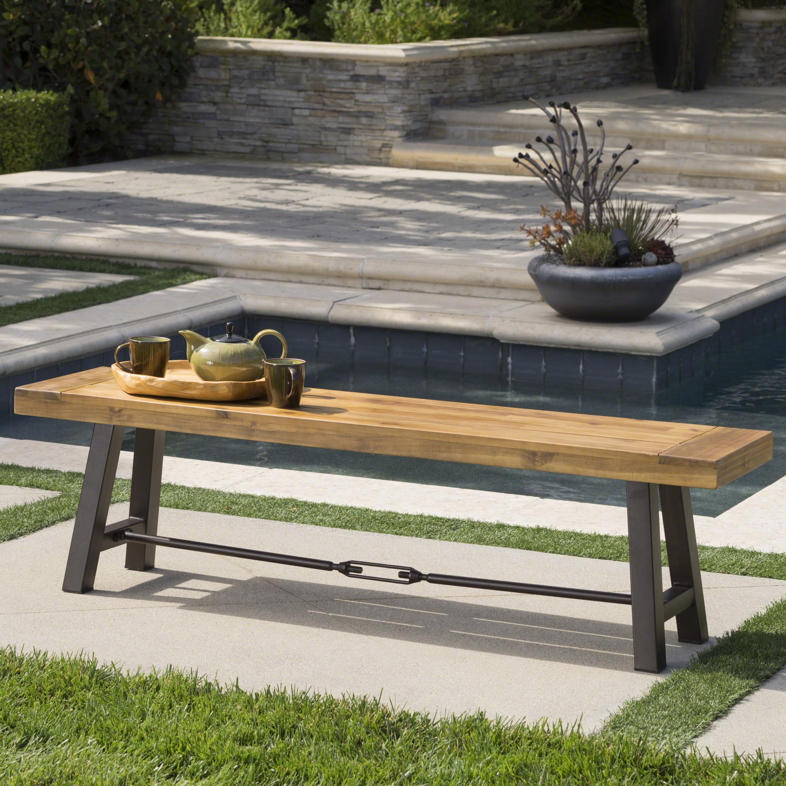 Christopher Knight Home Catriona Outdoor Acacia Wood Bench with Metal Accents - Citiesdeals