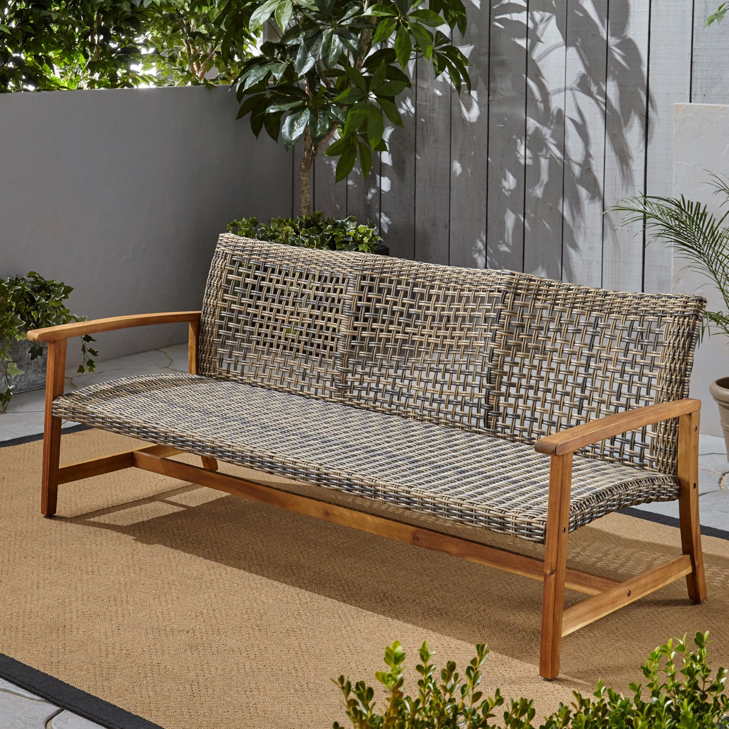 Christopher Knight Home Marcia Outdoor Wood Sofa Wicker 75.50 x 31.00 x 31.50 gray, natural stained finish